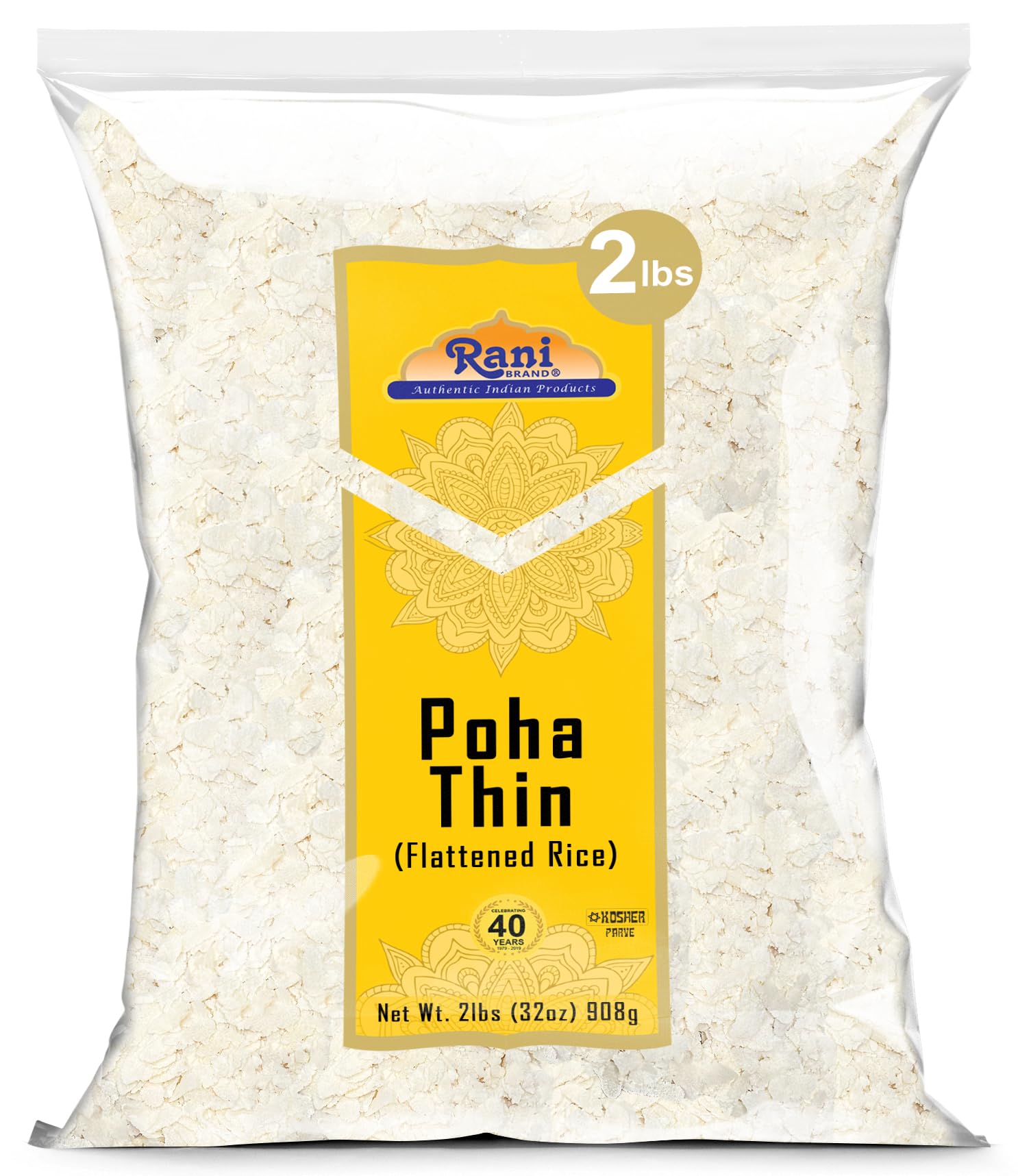 Rani Poha (Powa) Thin Cut (Flattened Rice) 32oz (2lbs) 908g ~ All Natural, Salt-Free | Vegan | Kosher | No Colors | Gluten Friendly | Indian Origin