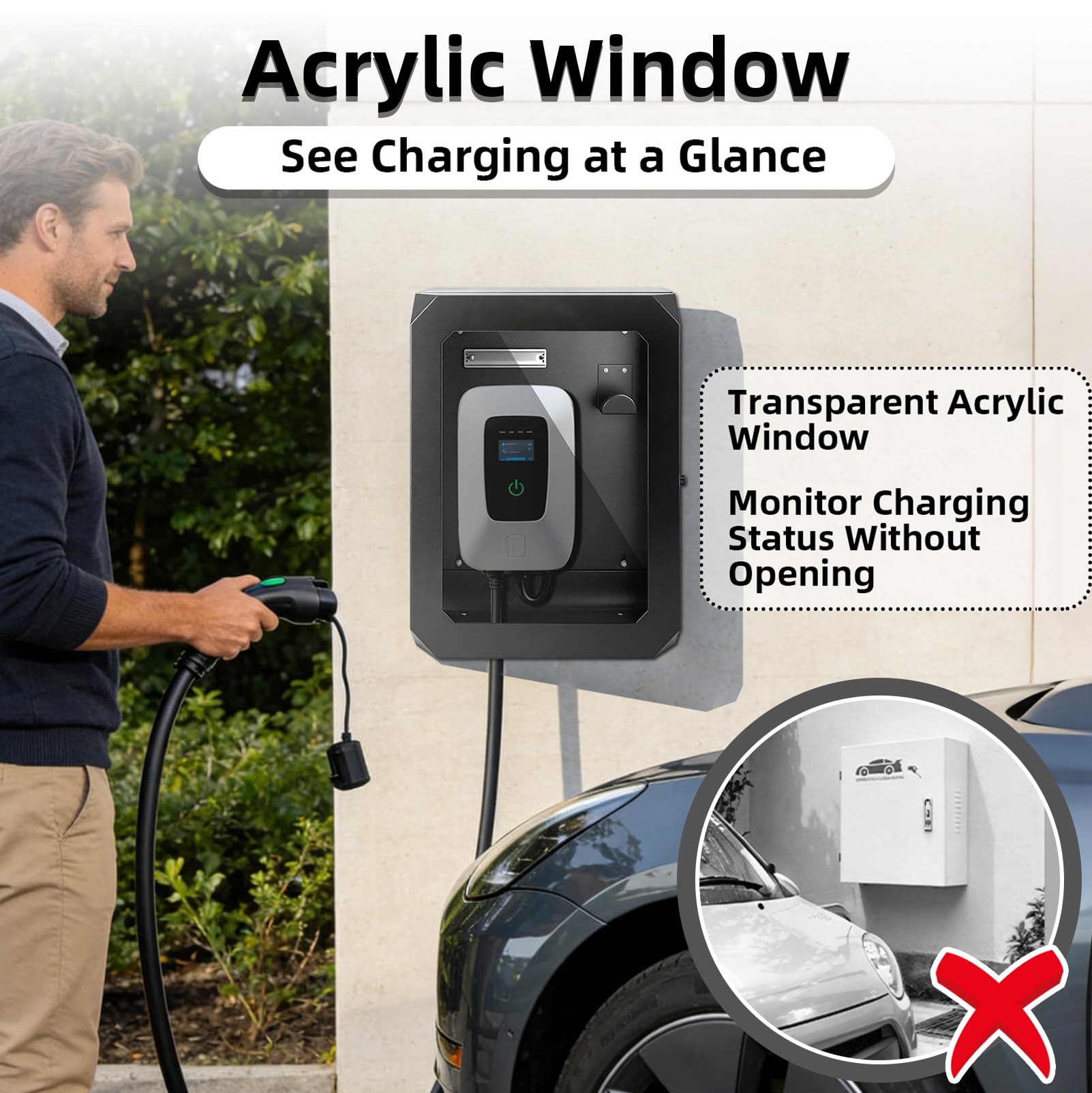 Wallbox Armario de Protección Contra La Intemperie, Caja Protectora para Cargador EV Exterior, Wallbox Protección con Ventana de Visualización de Acrílico, Compatible con VW, Tesla y BYD Cargador