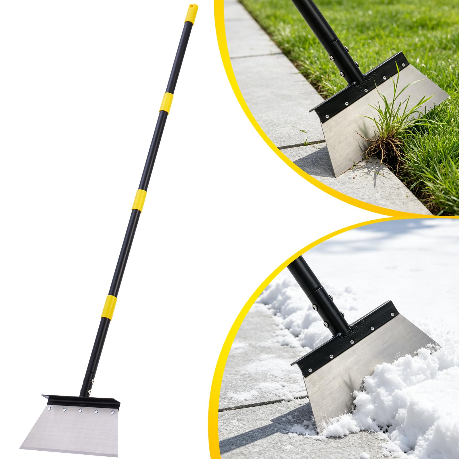 Pala plana de jardín, rascador de suelo de 60 pulgadas, pala de limpieza multifuncional resistente con mango largo ajustable, rascador de suelo de metal para desmalezar, raspar, quitar hielo y