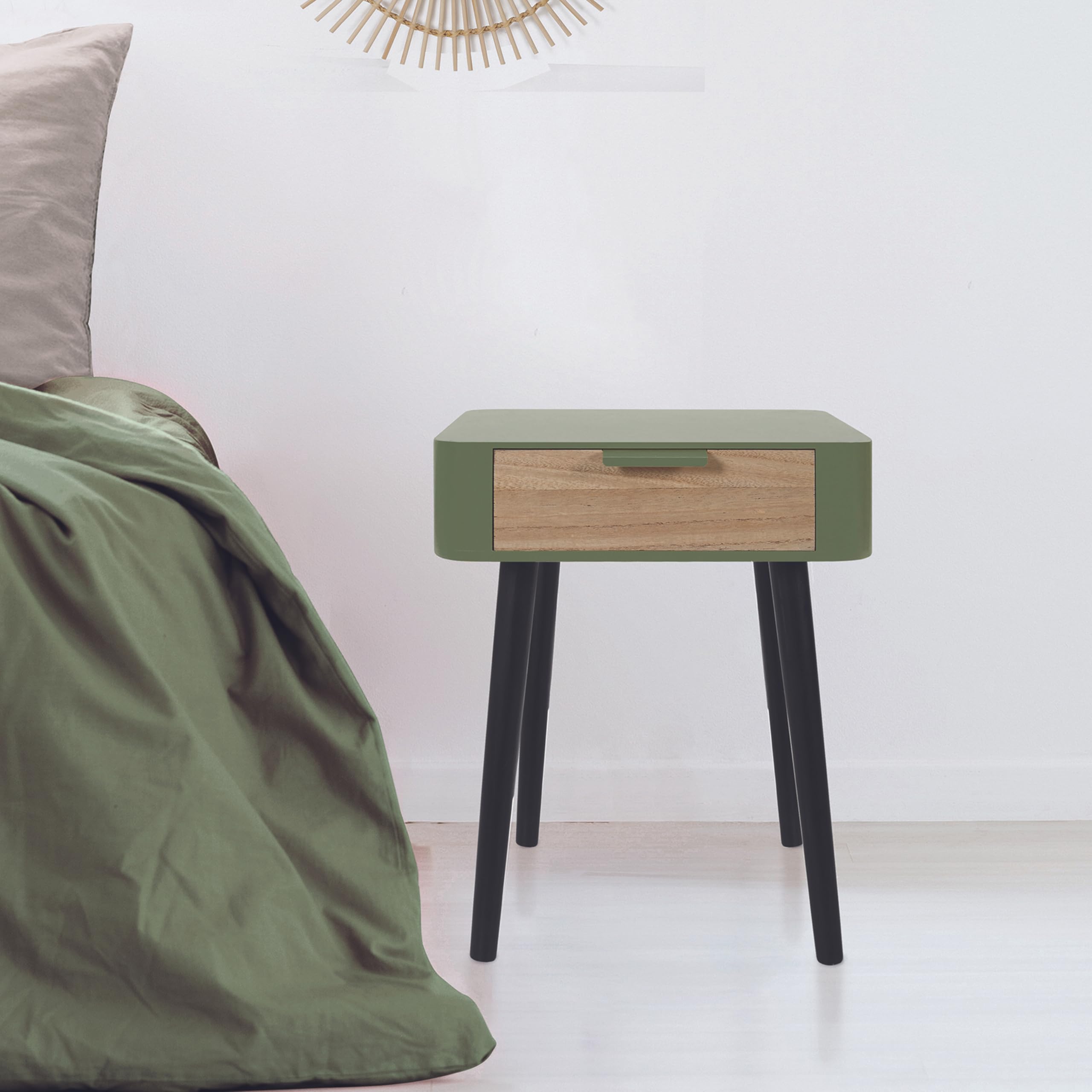 HOME DECO FACTORY Comodino 1 Cassetto in Legno Camera Verde Kaki