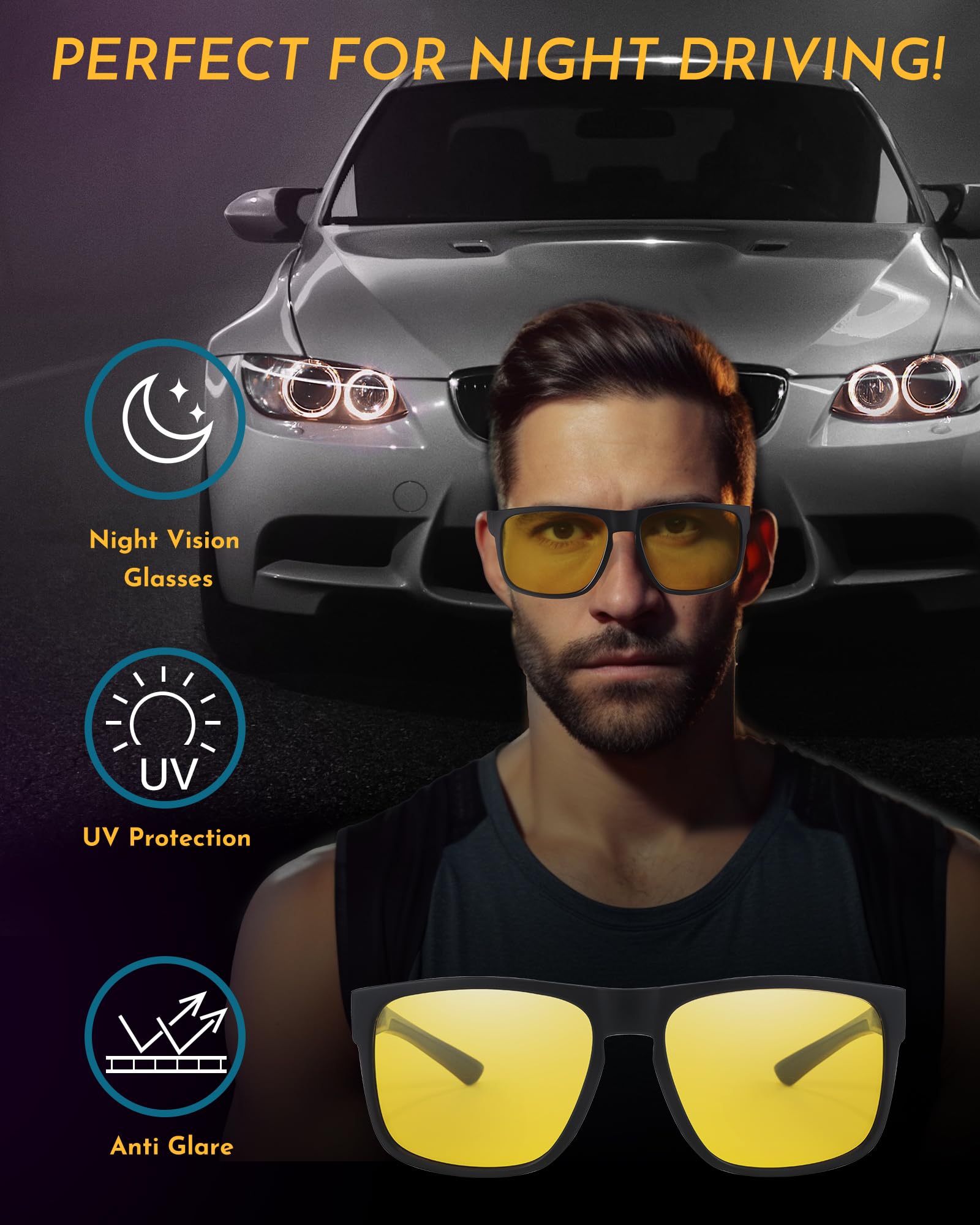 SODQW Night Vision Glasses, Wrap Around Night Driving Glasses for Men Women, Anti Glare Yellow lens for Night Time