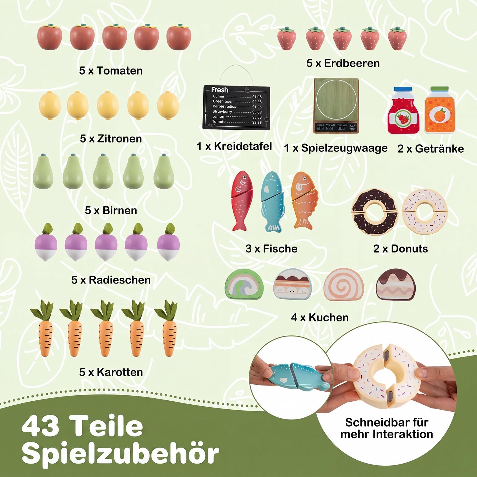 COSTWAY Kinder Kaufladen, Kaufmannsladen mit Waage, Kreidetafel, 43 Zubehör | aus Holz, Verkaufsstand mit 6 Fächern & 2 Boxen, Supermarkt für Kinder ab 3 Jahren
