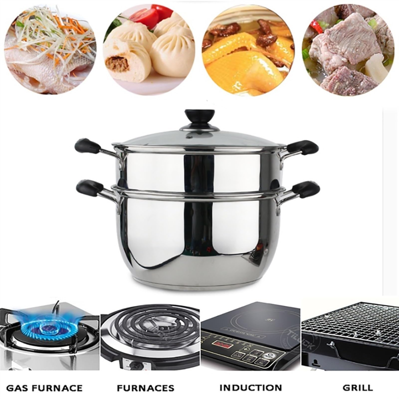 Olla vaporera/sopera de Acero Inoxidable de 2 Capas y Gran Capacidad para Uso doméstico con vaporera Gruesa, para Cocina de Gas/inducción.，One Color 22cm