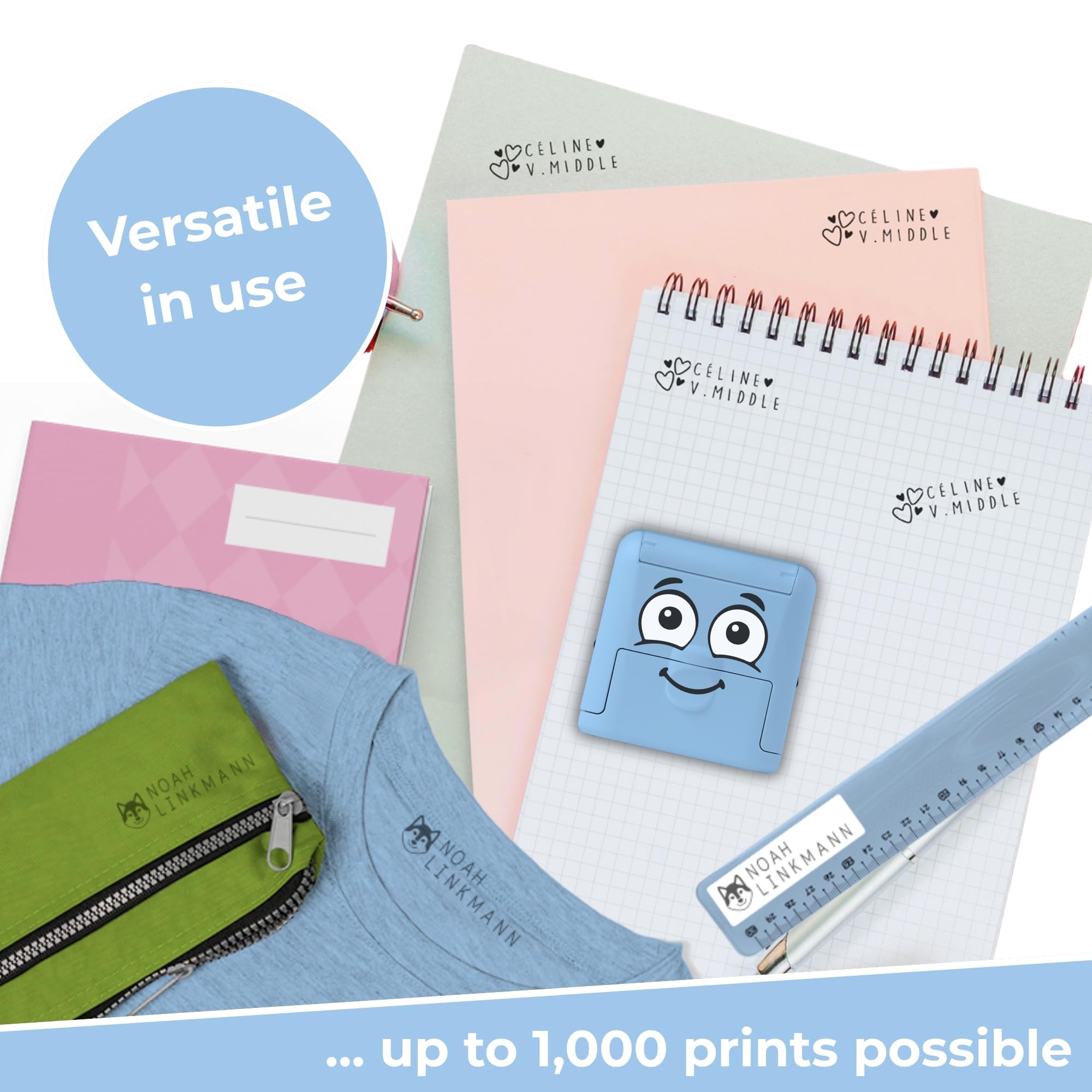 Sello Personalizable para Niños con Tinta 1000 Impresiones Kit Etiquetas Cinta Termoadhesiva Azul