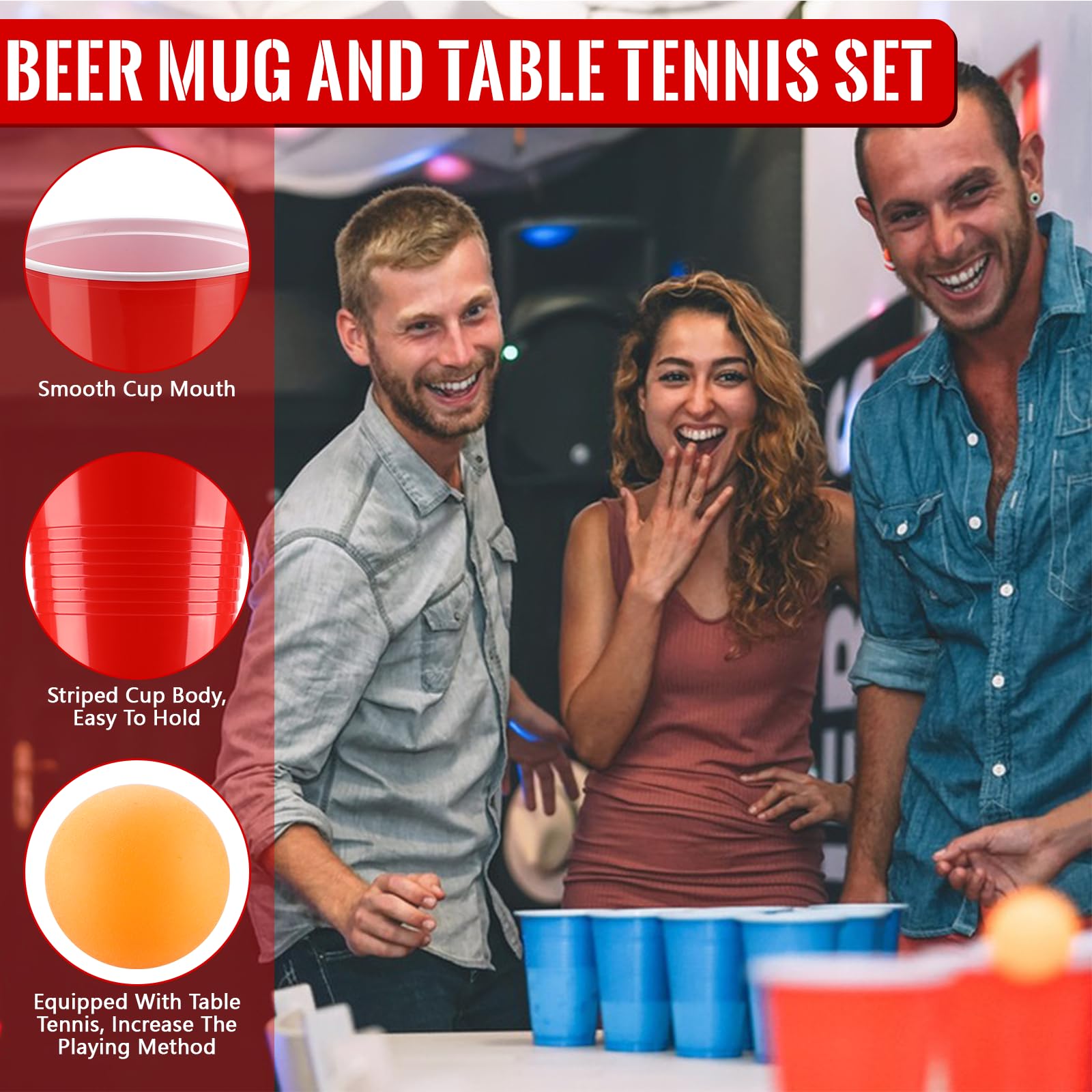 Mkitnvy Beer Pong, 50 Bicchieri Beer Pong e 12 Palline da P ing Pong, Giochi Alcolici, 500ML Bicchiere di Plastica, per Adulti Festa di Compleanno di Natale