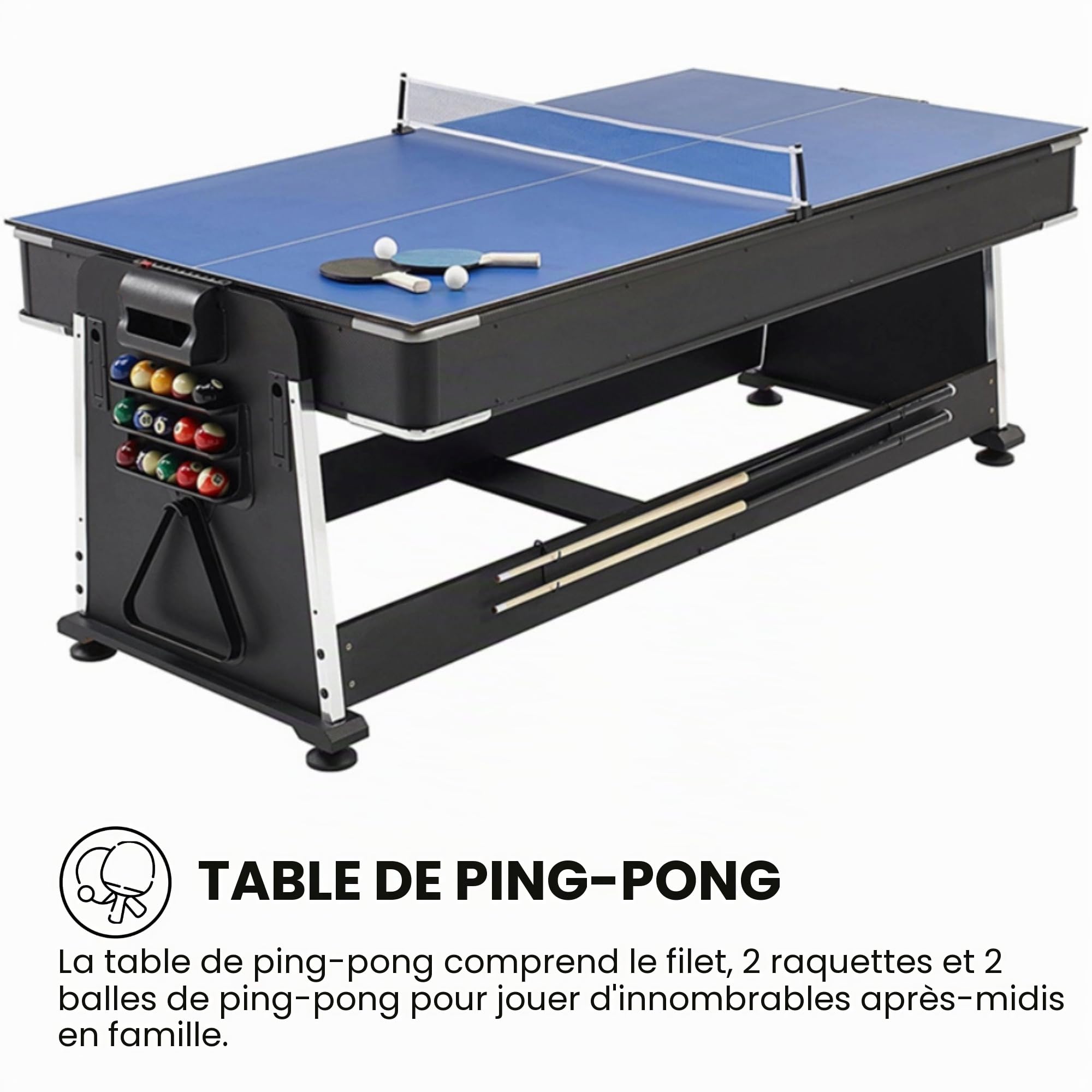 DEVESSPORT Olimpus Multijeu rotatif 4 en 1 | Table de billard, air hockey, ping-pong et table de salle à manger | 203,5 x 112 x 81 cm | Comprend tous les accessoires pour les 3 jeux