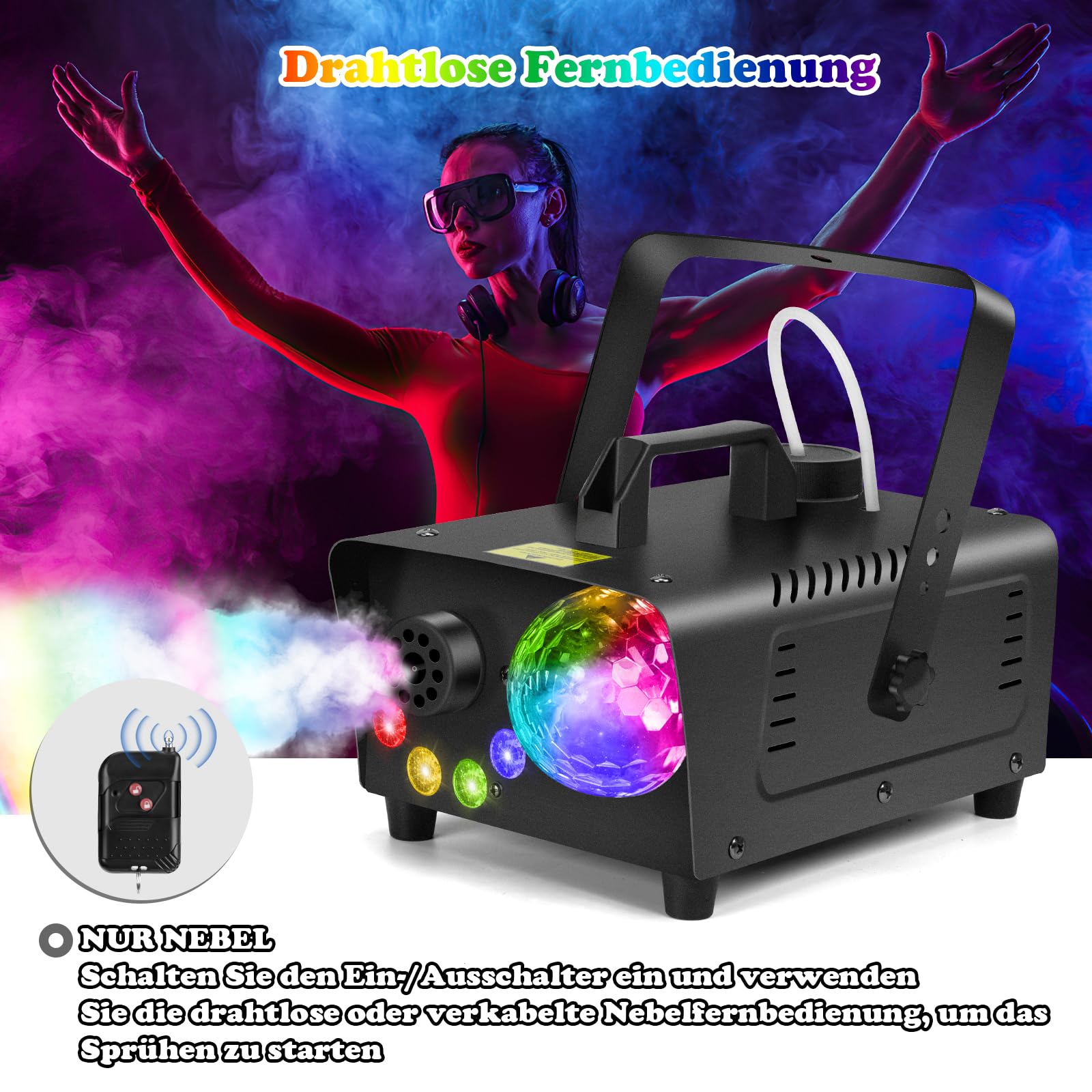 800W Máquina de humo con bola de discoteca LED RGB controlada por música, 4 luces LED RGB, mini máquina de humo con mando a distancia inalámbrico para DJ, discoteca, Halloween, bodas