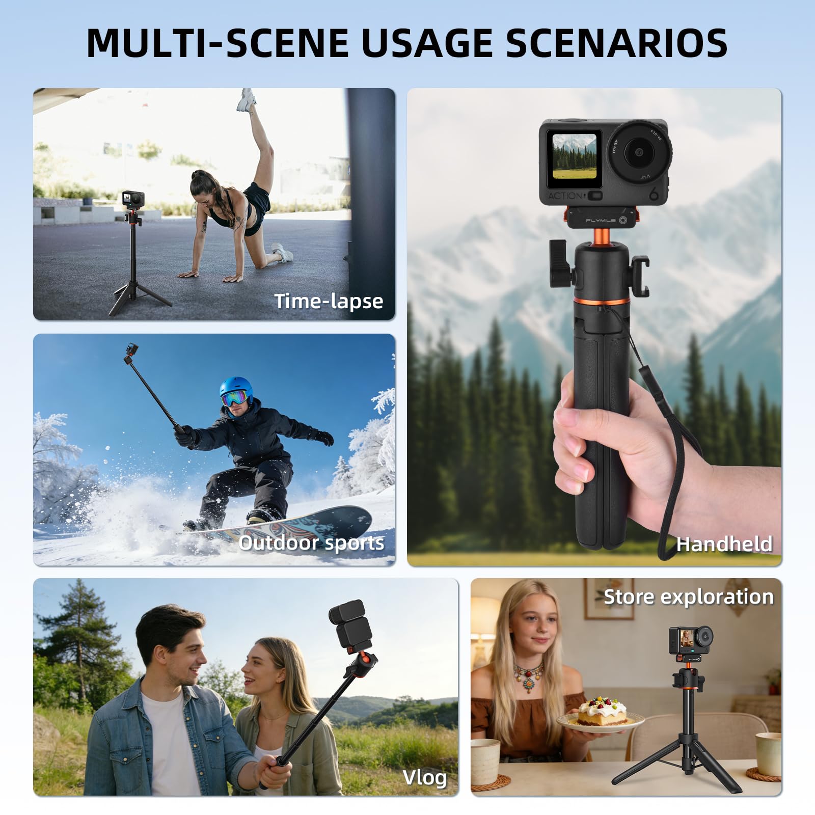 Treppiede per fotocamera Action 6 da 53,3 cm, adattatore magnetico a sgancio rapido, impugnatura estesa con testa a sfera a 360° e supporto a scarpa fredda, mini treppiede da tavolo per DJI