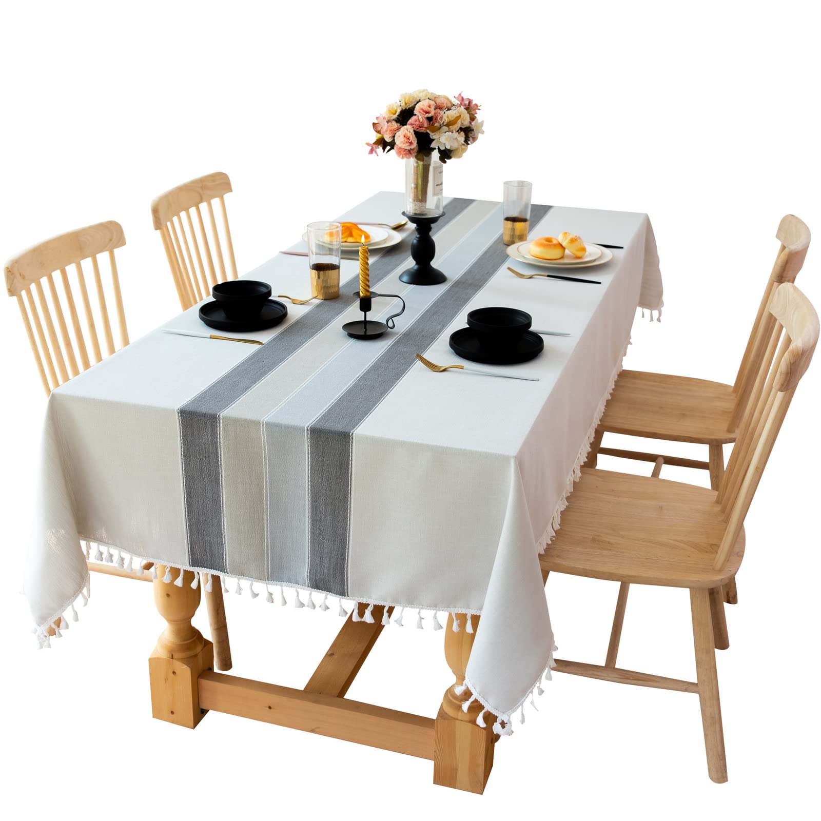 Nappe infroissable à rayures et pompons pour repas sans repassage