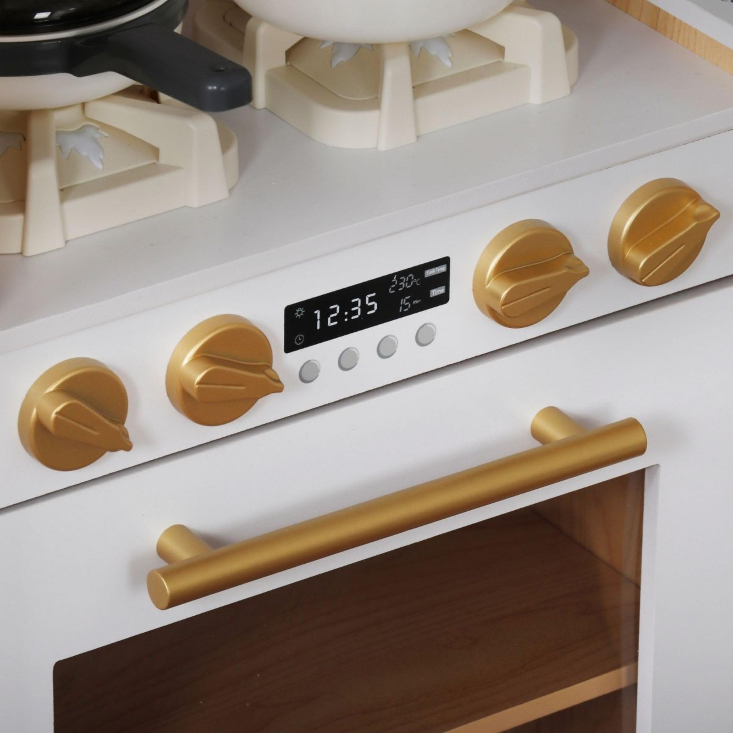 Mamabrum Cucina in Legno per Bambini 3+, Set XXXL con Luci LED, Caffettiera, Pentole, Frutta e Verdura | 50 Pezzi di Accessori Giocattolo