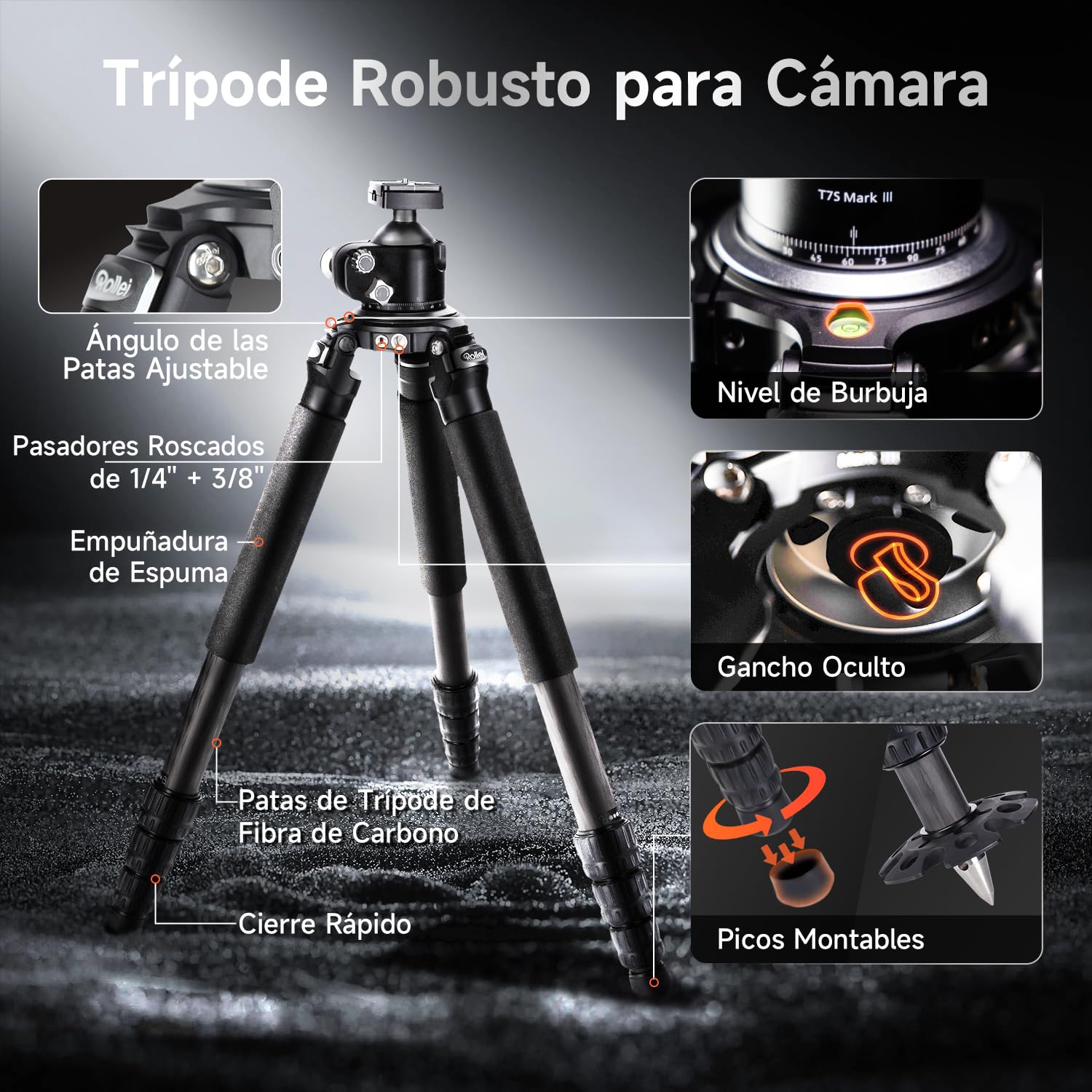 Rollei 166cm Tripode Cámaras Carbono Profesional Rock Solid Alpha Mark III | Trípode Fotografia con Capacidad de Carga de 30kg Camera Tripod Negro con Rótula Ajustable para DSLR Videocámara