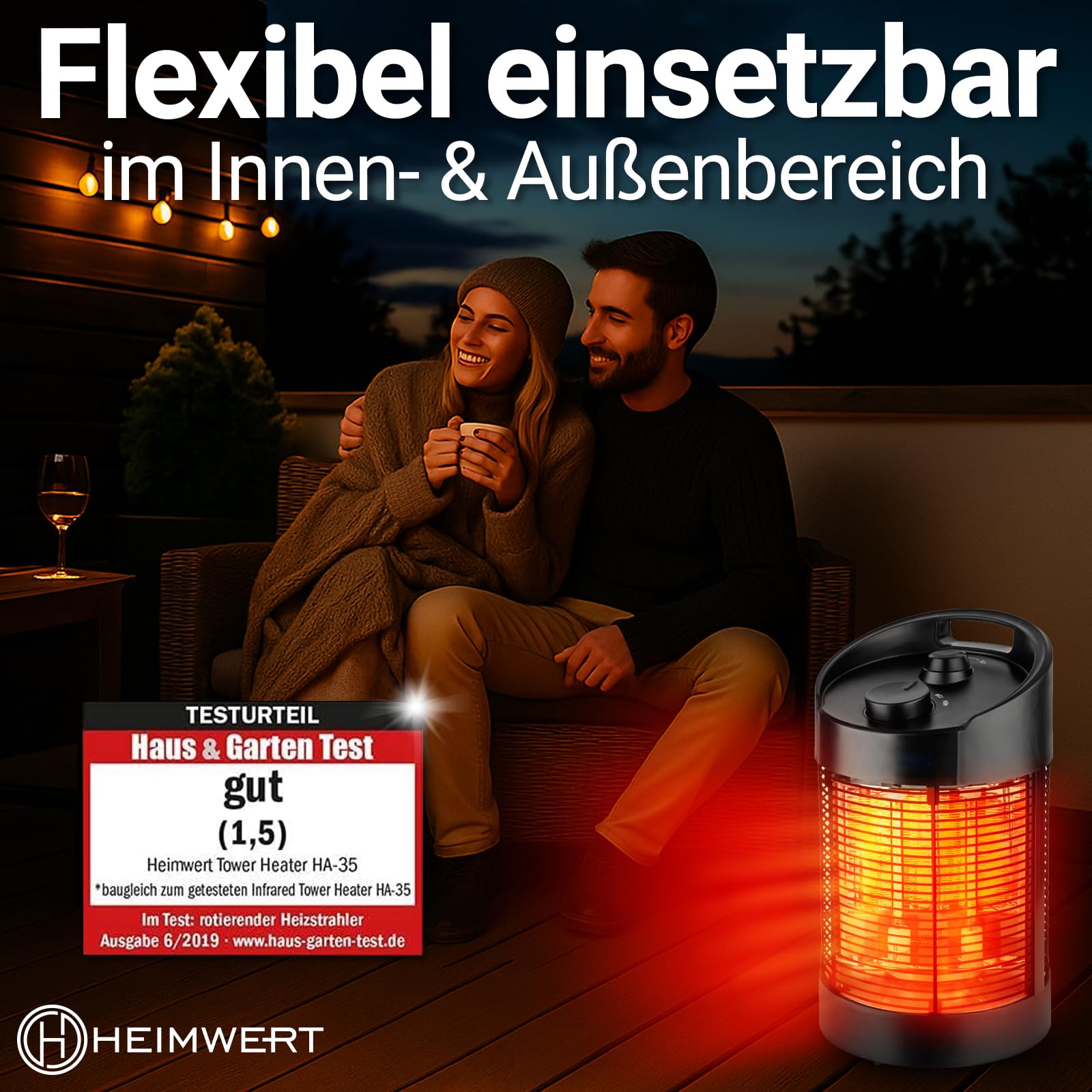 Heimwert Stufa a infrarossi – Riscaldamento istantaneo per terrazza e interni, mobile ed efficiente, silenzioso e anallergico, molto buono (altezza 41 cm)