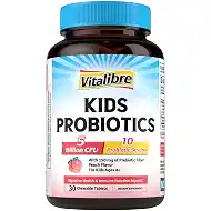 Vitalibre Kids Probiotics Chewable, Ages 4+, 5 Billion CFU, 10 Probiotic Strains with Prebiotics, Support Digestive & Immune Health, Shelf Stable, No Gluten or Dairy, Peach Flavor, 30 Count