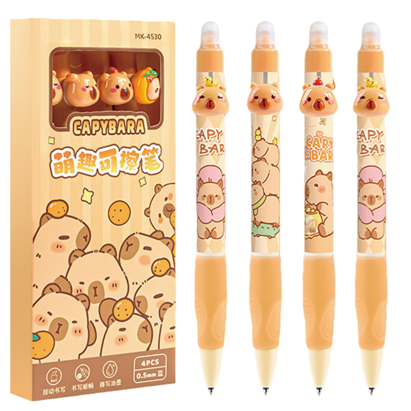MOZXIRZ 4 penne gel cancellabili retrattili, a forma di capybara, punta fine da 0,5 mm, inchiostro blu, scrittura liscia, per donne, ragazze, ragazzi, ufficio e scuola (inchiostro blu capibara)