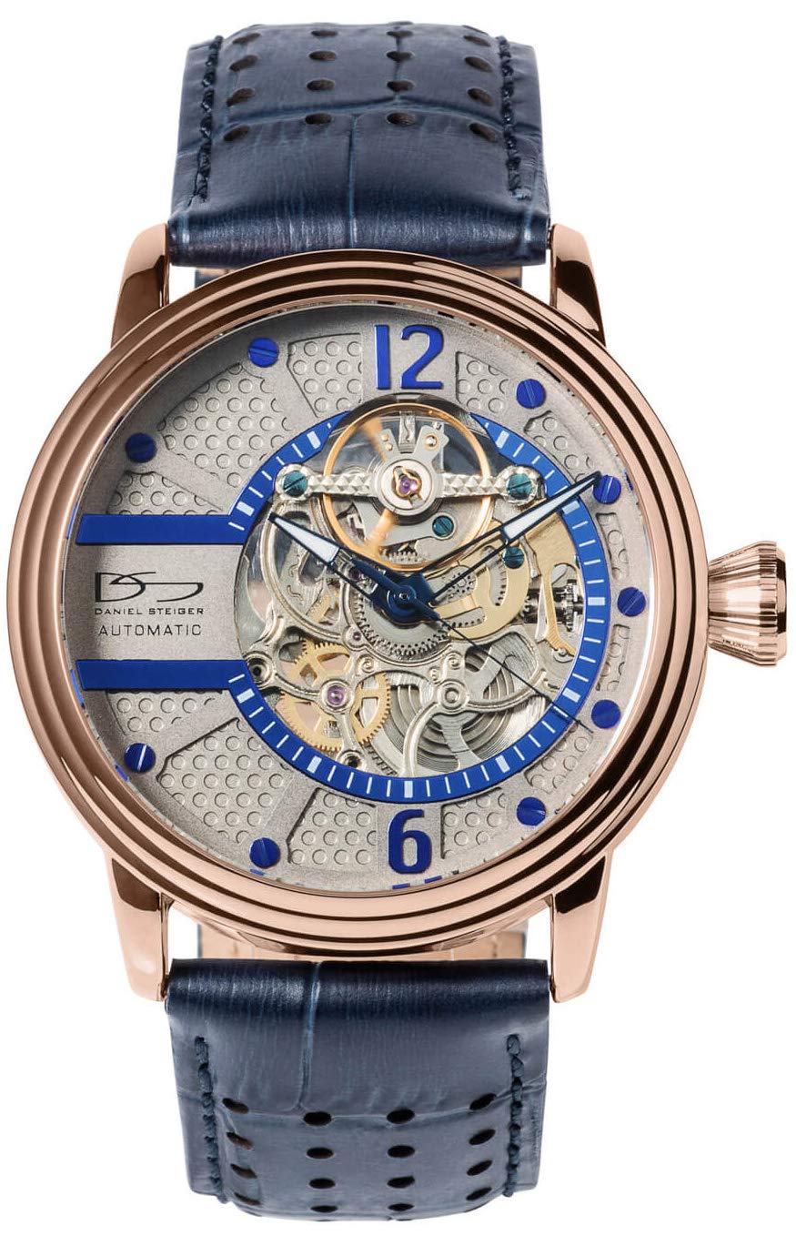 Daniel SteigerRevolution Automatic Men's Watch - Skeleton Dial & Case Back - Textured Genuine Leather Band - Self Winding Automatic Movement - Large Designer Crown