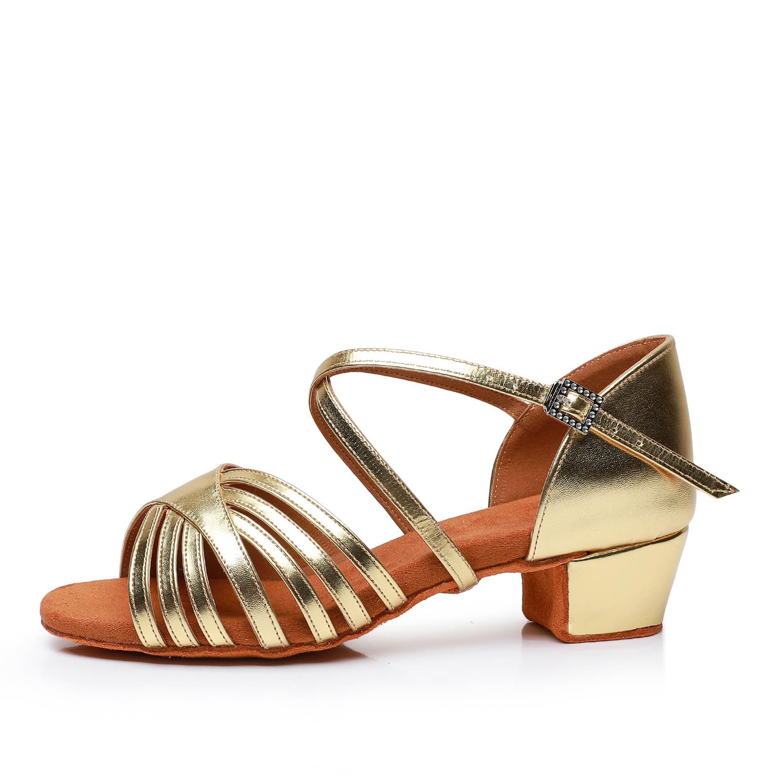 Uonpie Girls Latin Dance Shoes Low Heel Salsa Ballroom Shoes Gold Performance Practice Dancing Shoes, 1 M US Little Kid