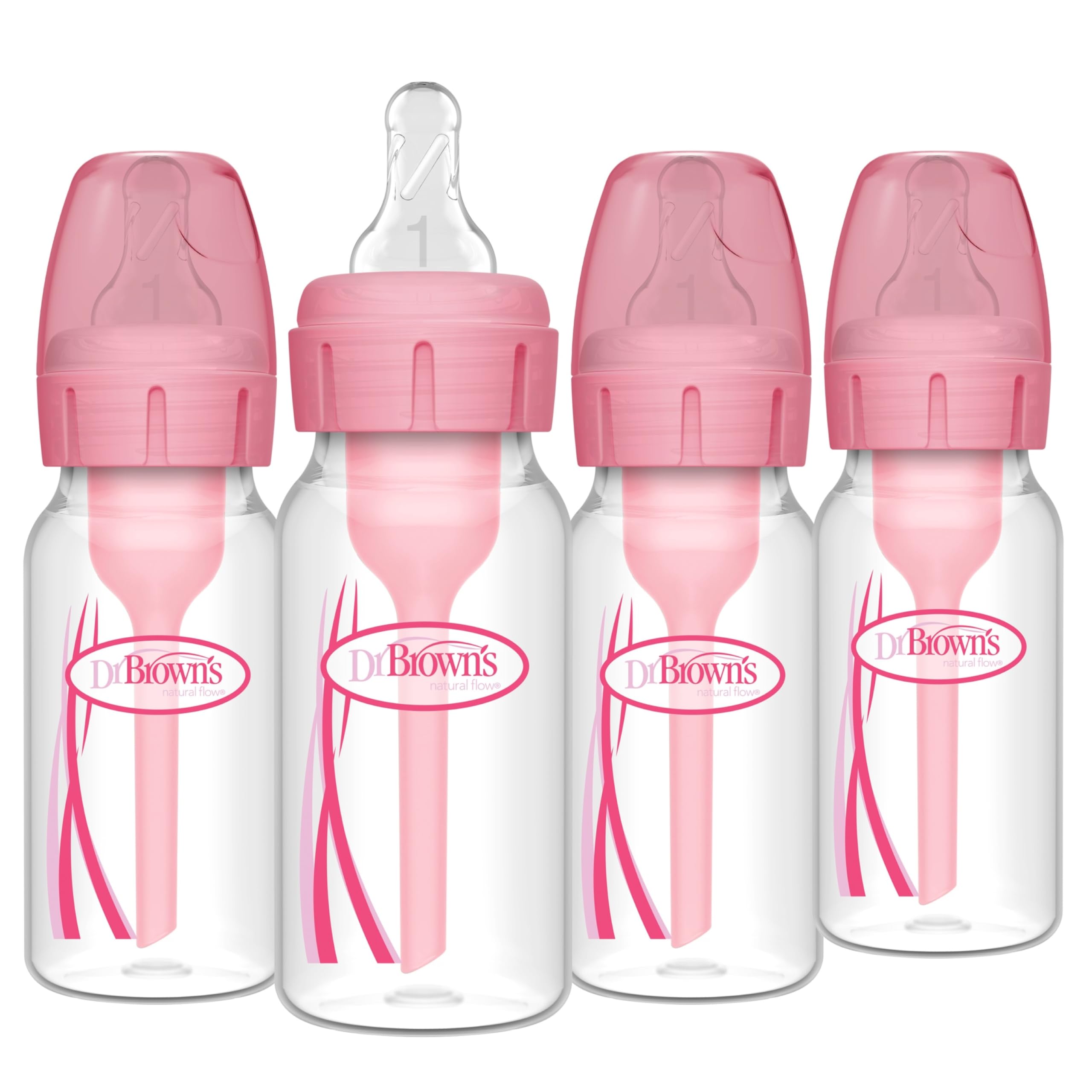 Dr. Brown's Natural Flow Anti-Colic Options+ Narrow Baby Bottle, 4 oz/120 mL, with Level 1 Slow Flow Nipple, Pink, 0m+, 4 Pack