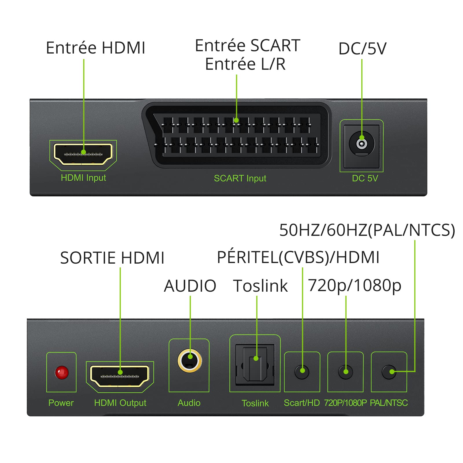 LiNKFOR Convertisseur SCART+HDMI vers HDMI 1080P Support RGB Sortie Audio Optique Toslink et 3.5mm Boîtier Métallique Alimentation et Câble SCART 1.5m Inclus pour PS3 DVD