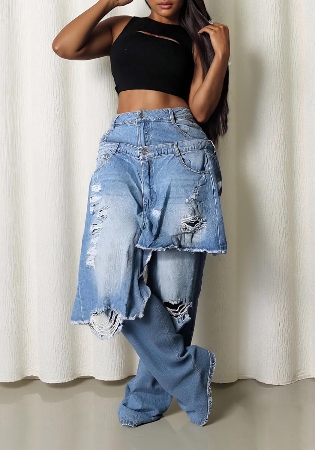 NRTHYE Womens Baggy Ripped Jeans Casual High Waisted Wide Leg Patchwork Tear Boyfriend Street Denim Pants with Pockets - Image 2