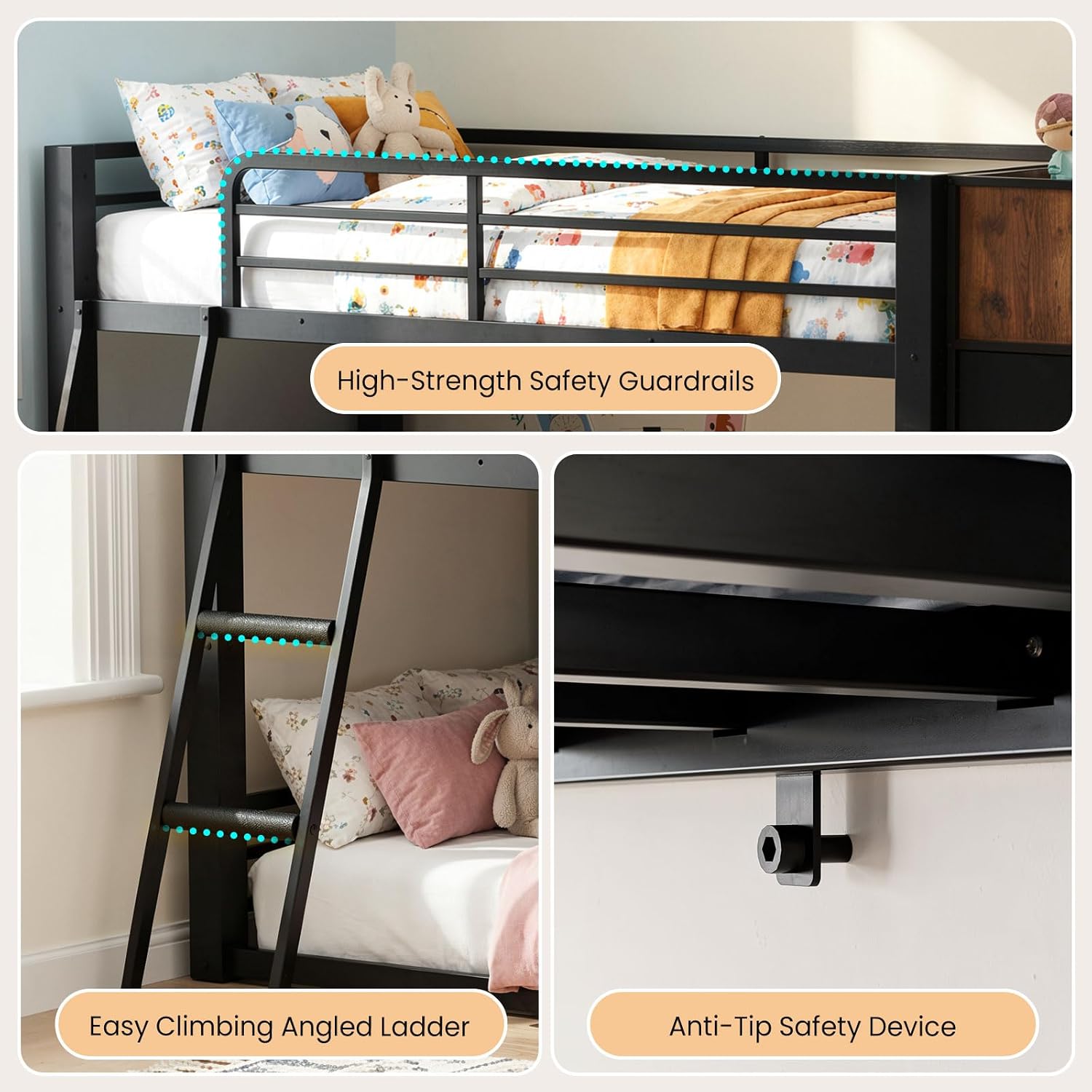 Mixcous Twin Over Twin Metal Loft Bed, Low Bunk Bed with Reversible Storage Dresser, Kids Teens Floor Bunk Bed with Drawers, Full-Length Guardrails, No Box Spring Needed, Black | 6 Drawers, Nonslip Slope Ladder, Space Saving, Noise-Reduct Design, Easy Assembly