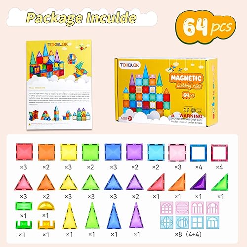 Miniatura 2 de TOKBLOK 64 piezas de azulejos magnéticos de diamante transparente, bloques de construcción educativos STEM para niños y niñas de 3 a 6 años  Ideal