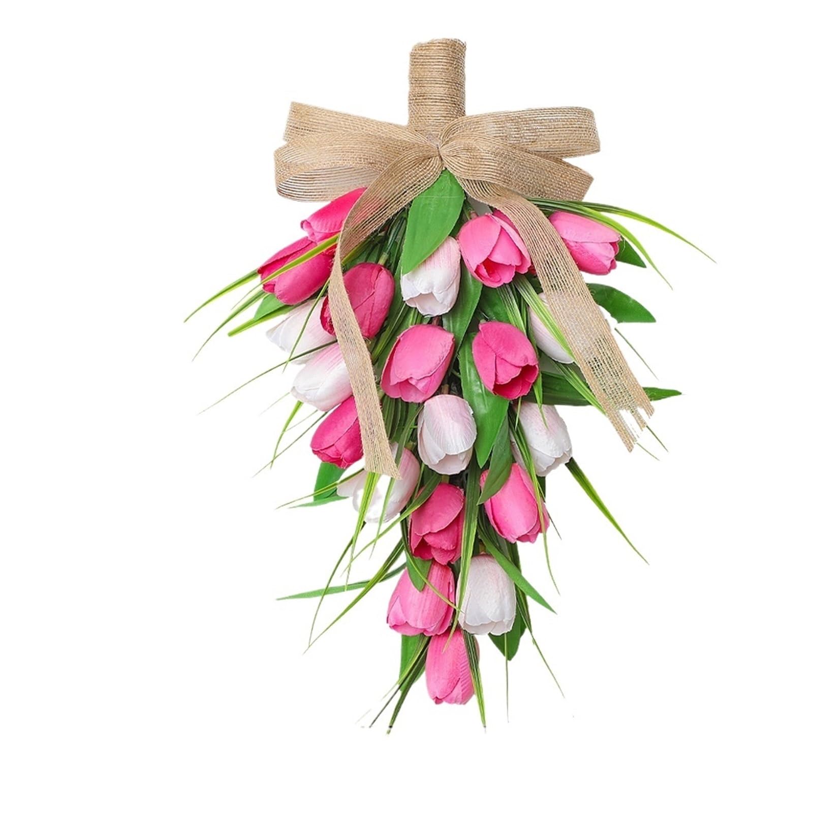 Door Wreath 2pcs Handmade Artificial Tulips Flowers Teardrop Swag With Burlap Bow Spring Easter Wreath For Front Door Decor(White Pink)