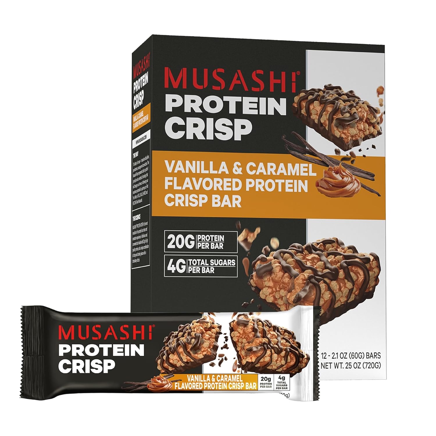 MUSASHI Protein Crisp Bar, 20g Protein, 4g Total Sugars