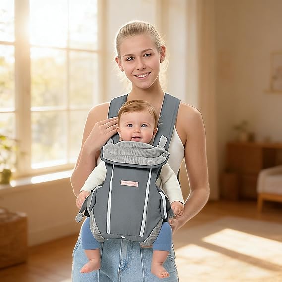 Baby Carrier Newborn to Toddler (744 lbs) Soft Structured Buckle Carrier with Ergonomic M-Shape Seat, Padded Lumbar Waist Belt, Breathable Mesh Vent Panel & Sun/Wind Hood for Parents On the Go (Grey)