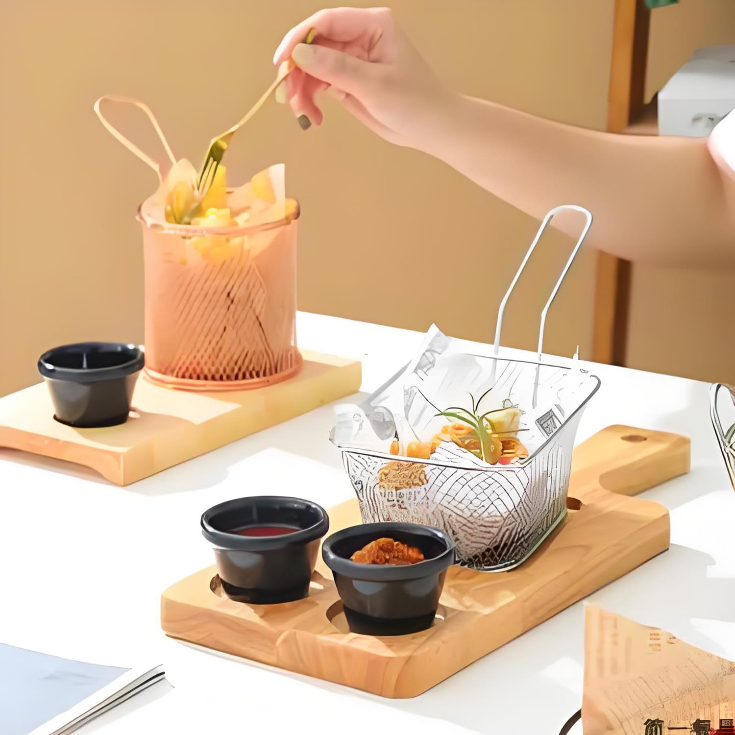 10 mini cestas cuadradas para freír, rejilla freidora, cesta de acero inoxidable con mango largo para patatas fritas para cocina, restaurante, fiesta, barbacoa, 4.1 x 3.3 x 2.5 pulgadas.