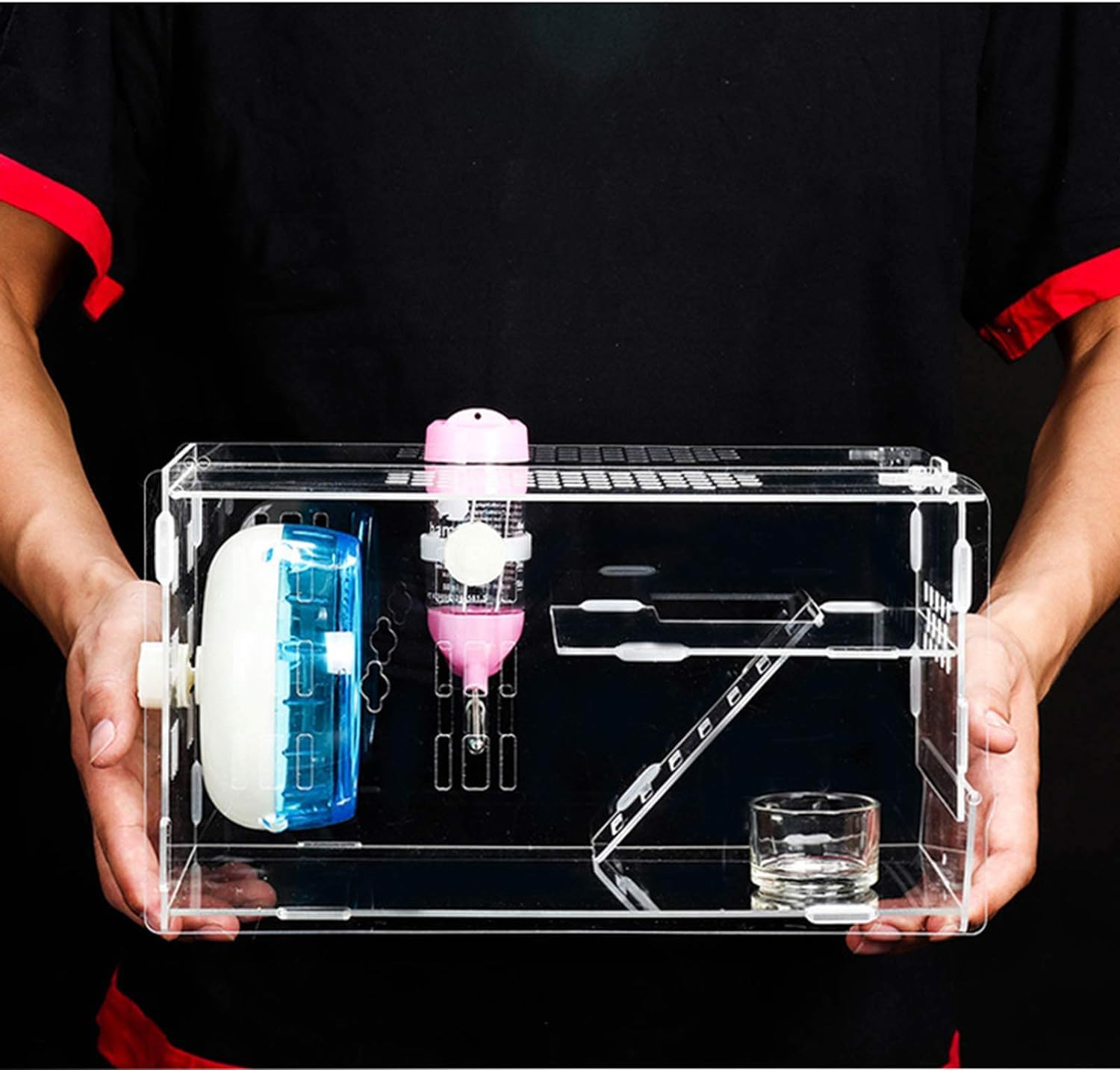 Jaula acrílica Transparente para hámster, Jaula de Animal PEQUEÑO, casa para hámster con Botella de Agua, Rueda para Correr, Escalera de Escalada, terrario Gerbil