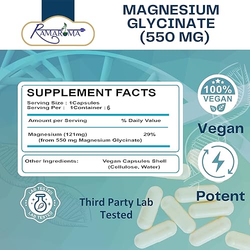 Miniatura 5 de Ramaroma Glicinato de magnesio 550 mg por cápsulas, cápsulas veganas, 22% filtrado de magnesio quelado crudo, avance de magnesio, suplemento