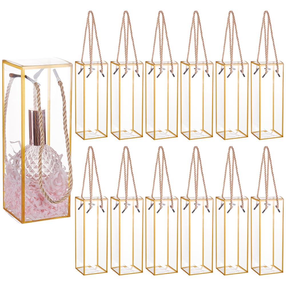 BENECREAT 20 Sets Transparent Plastic Gift Box, 7x7x21cm/2.8x2.8x8.3 Inch Clear PET Plastic Favor Box with Golden Borders and Cord for Bridal Gift Wrapping Packaging