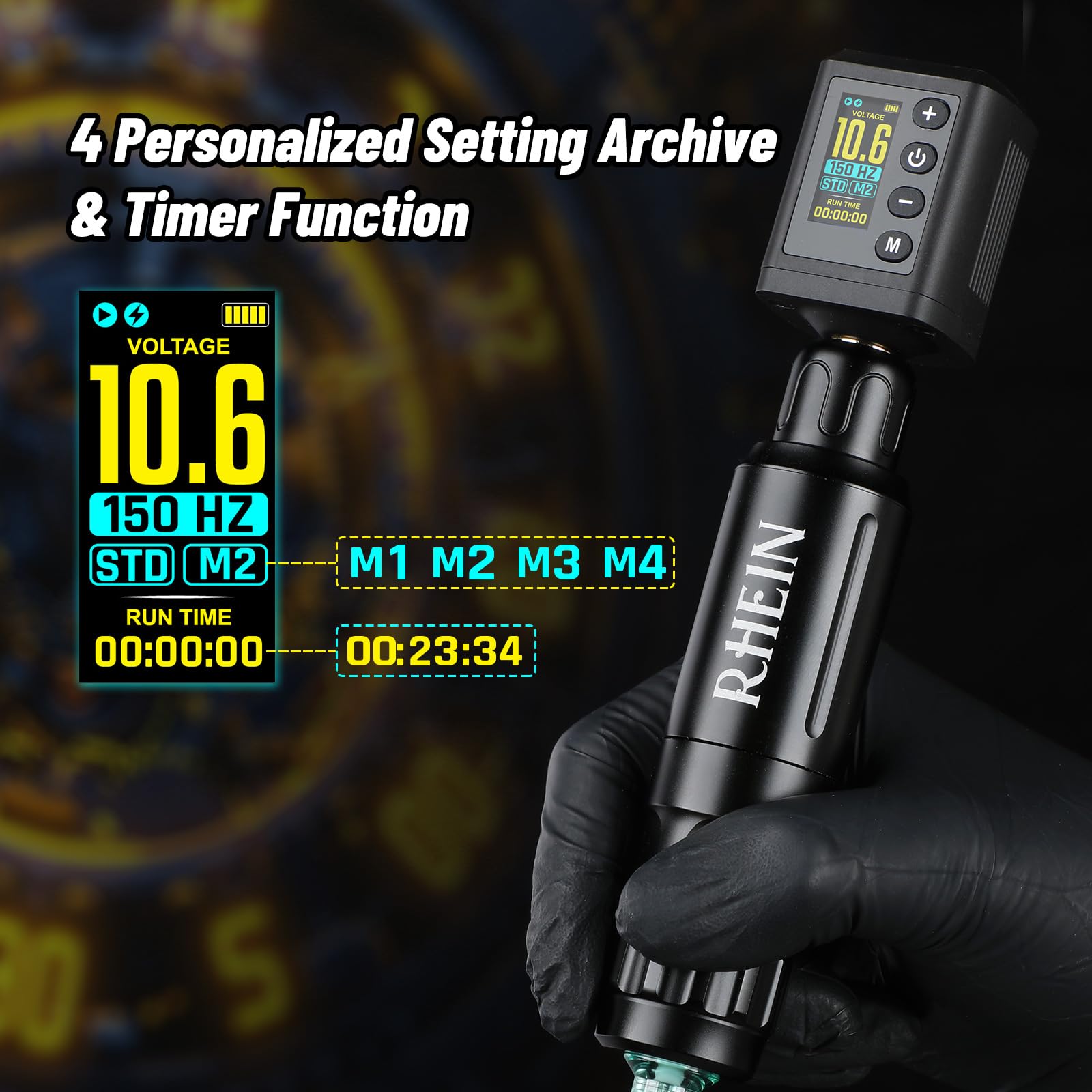 RHEIN Maquina de Tatuar Kit de Tatuaje Completo, 1600mAh LED Bateria Fuente de Alimentacion, 4 modos de memoria STD/NPS,Agujas de Tatuaje, Tintas Colores para Tatuar con Todos Necesitos