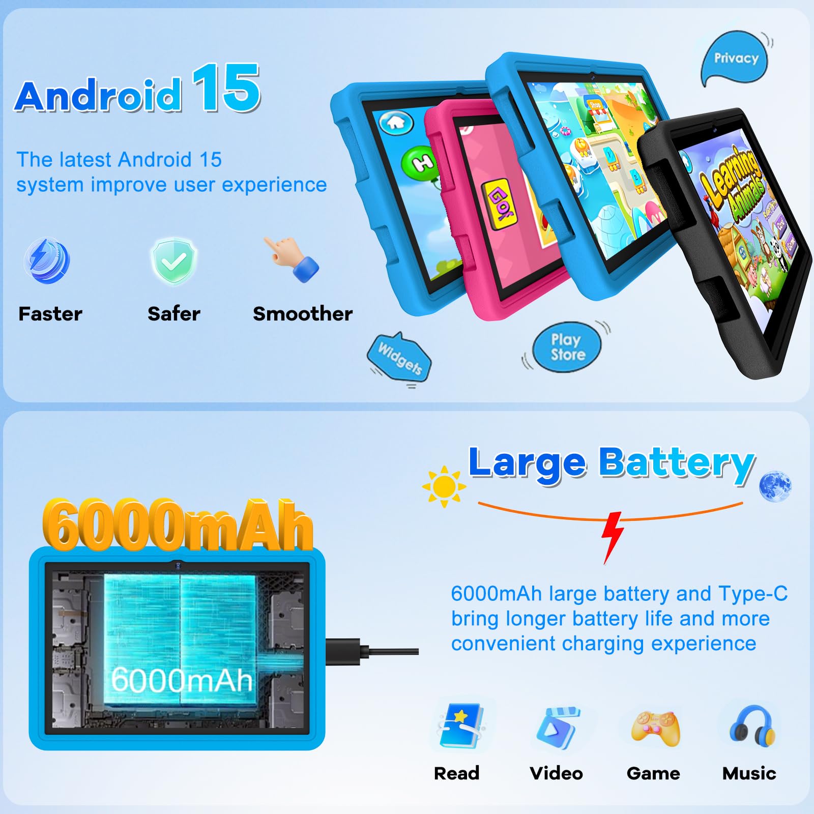 DMOAO Tablet Bambini 10 Pollici Android 15 con 30GB RAM, 5G Wi-Fi 6, 64GB ROM(2TB), Control Parental, Octa-Core, 8MP+5MP, 6000mAh, Custodia Protettiva EVA + Supporto Girevole a 360°, Blu