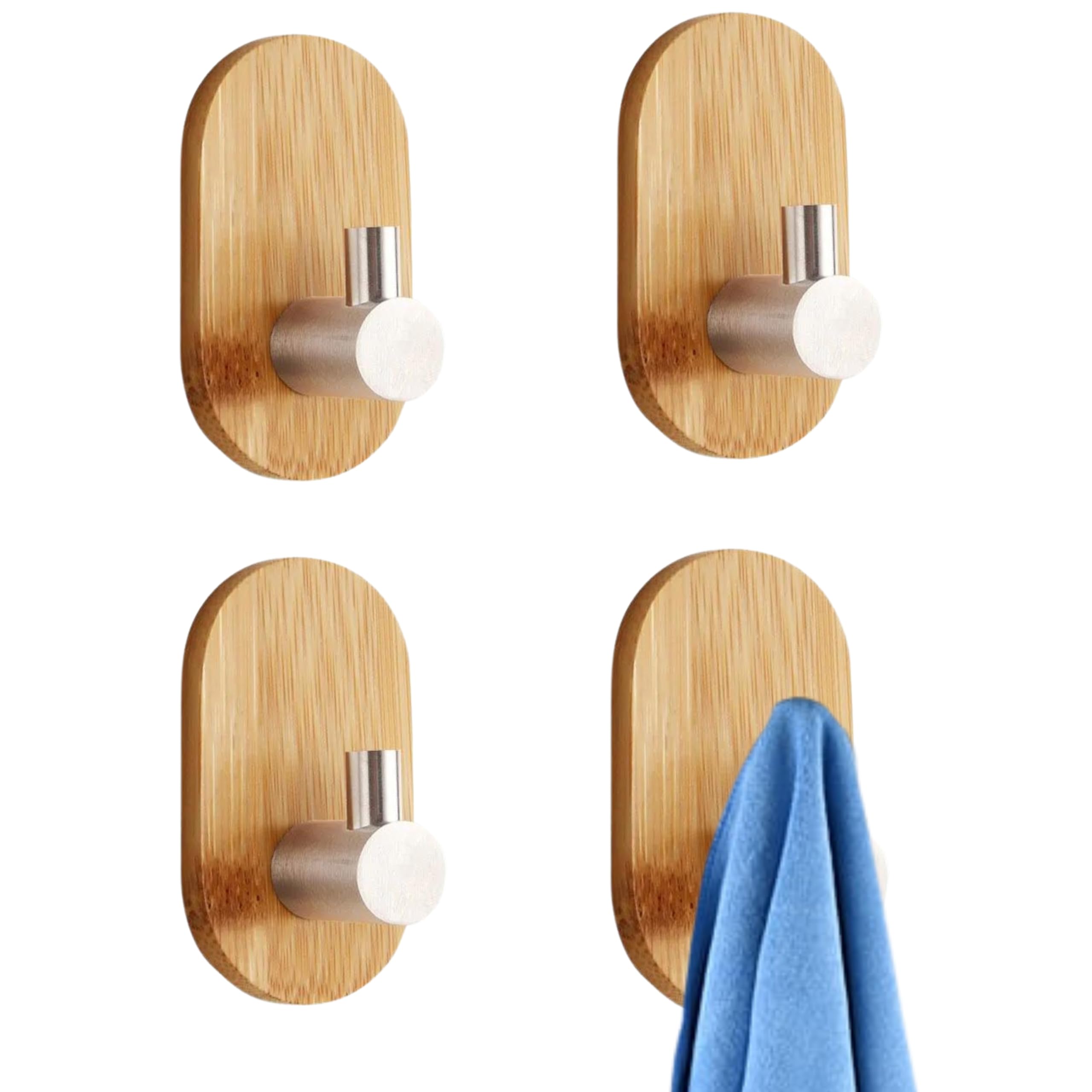 JIALTO 4 pcs Wooden Bathroom and Kitchen Without Drill Hooks for Wall, Self Adhesive Wall Hook for Bathroom Accessories, Home Decor Items and Kitchen Accessories Items (Rectangle Silver Wooden)