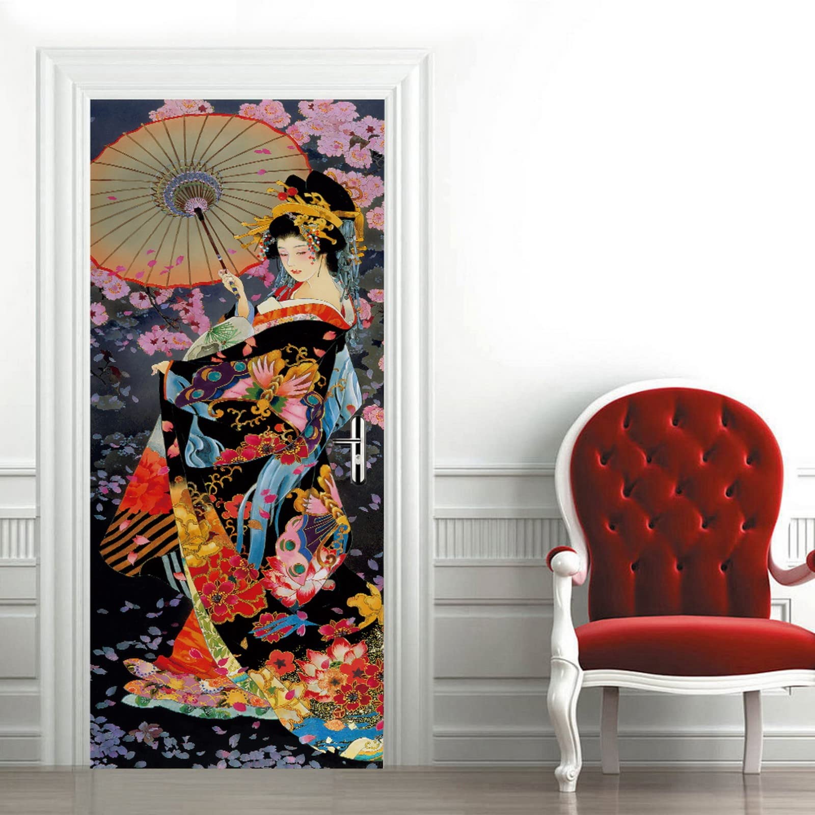 Sticker Mural Porte 3D Geisha Japonaise - 77x200 Cm, Effet Trompe-l'œil, Autocollant Vinyle Facile à Poser - 9