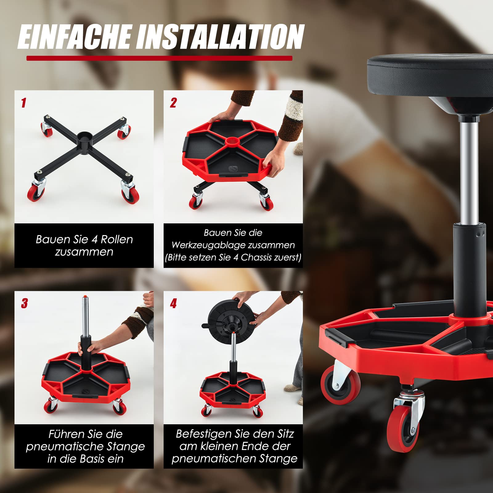 COSTWAY Werkstatthocker, Werkstatt Rollsitz 150 kg belastbar, 41-55cm höhenverstellbar, Werkstattsitz mit Ablage & 4 Rollen, Arbeitshocker für Werkzeug, Pneumatischer Rollhocker (Rot)
