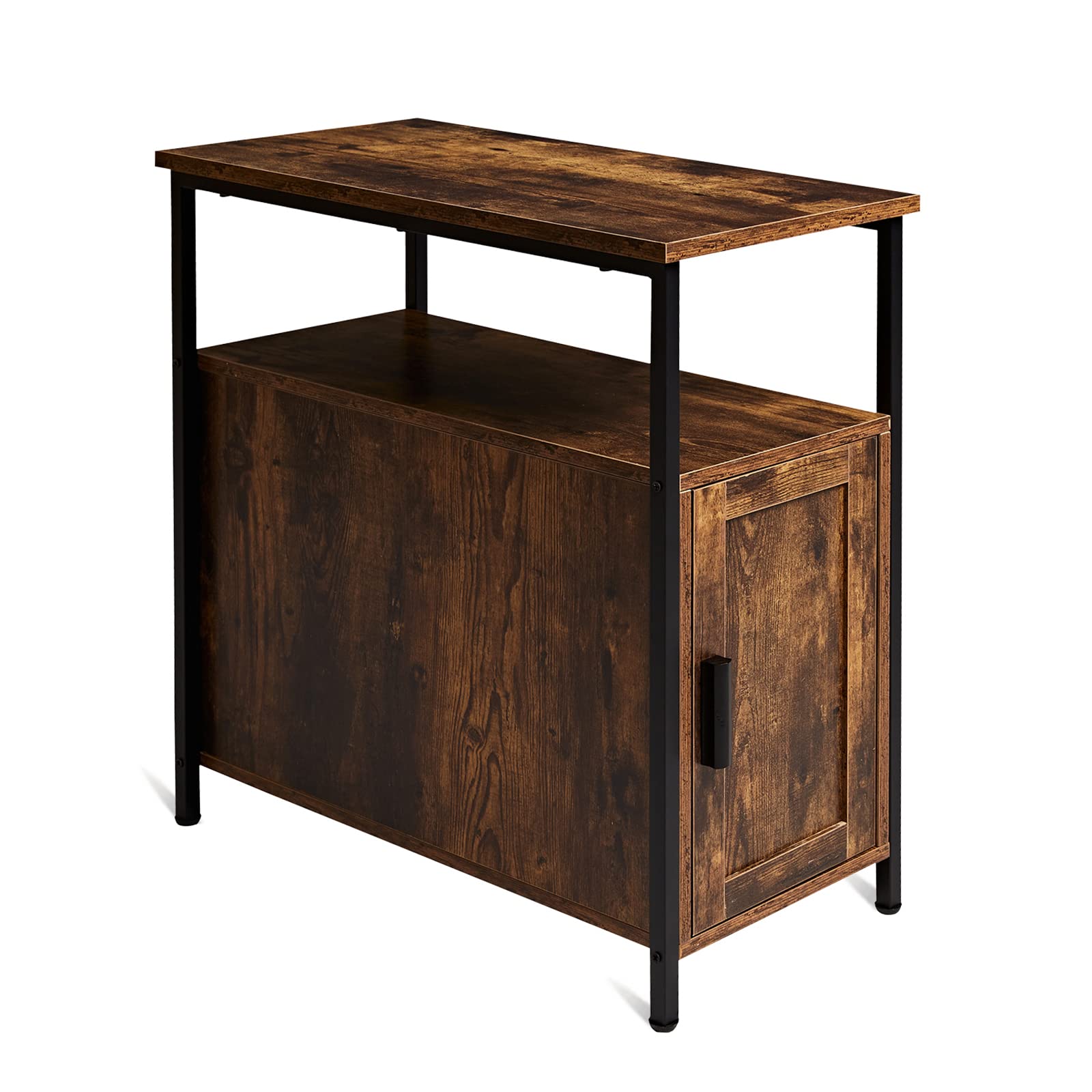 Tianlang Thin Side Table with Storage Cabinet, Industrial End Table with Shelf for Small Narrow Space, Living Room, Kitchen Stable Sturdy Metal Frame, Retro Brown LJET009F