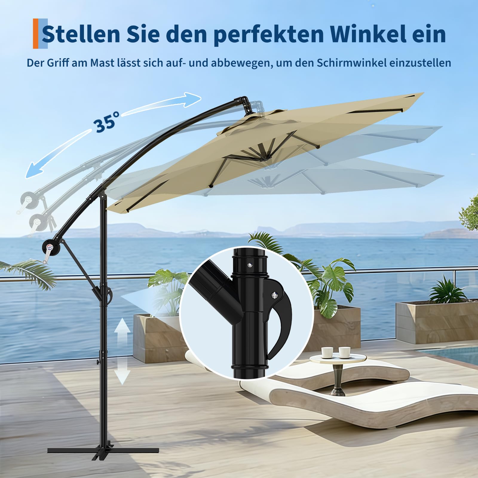 GarveeLife Sonnenschirm Ø 300 cm, Ampelschirm mit Kurbel | Sonnenschirm mit Ständer & Windschutz | Gartenschirm UV-Schutz wasserdicht | Kurbelschirm für Terrasse & Balkon