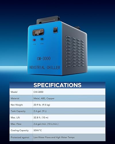 Miniatura 8 de OMTECH Enfriador de agua industrial 9L 2.6gpm CW-3000 enfriador de agua para 40W K40 CO2 grabado láser y máquinas de corte, sistema de refrigeración