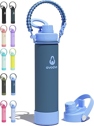 Miniatura 79 de Botella de agua aislada avodvo de 12 onzas con 2 tapas (tapa con popote y boquilla de 2 en 1, tapa magnética), botella de agua para niños con Azul