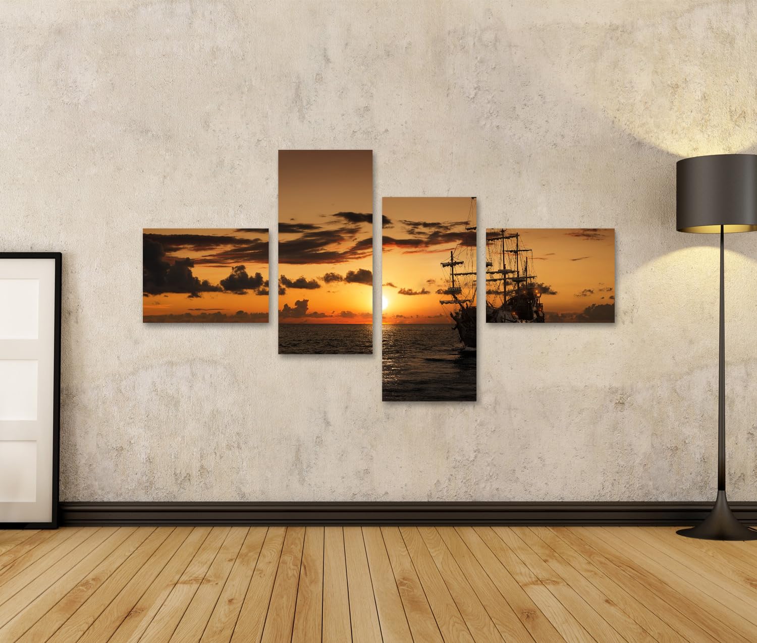 islandburner Bild auf Leinwand Segelschiff im Sonnenuntergang am weiten Meer Bilder Wandbilder 150x80cm