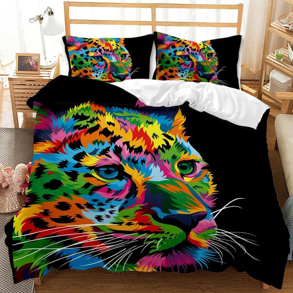 Housse de couette tigre 200x200 cm en microfibre avec 2 taies 65x65 cm