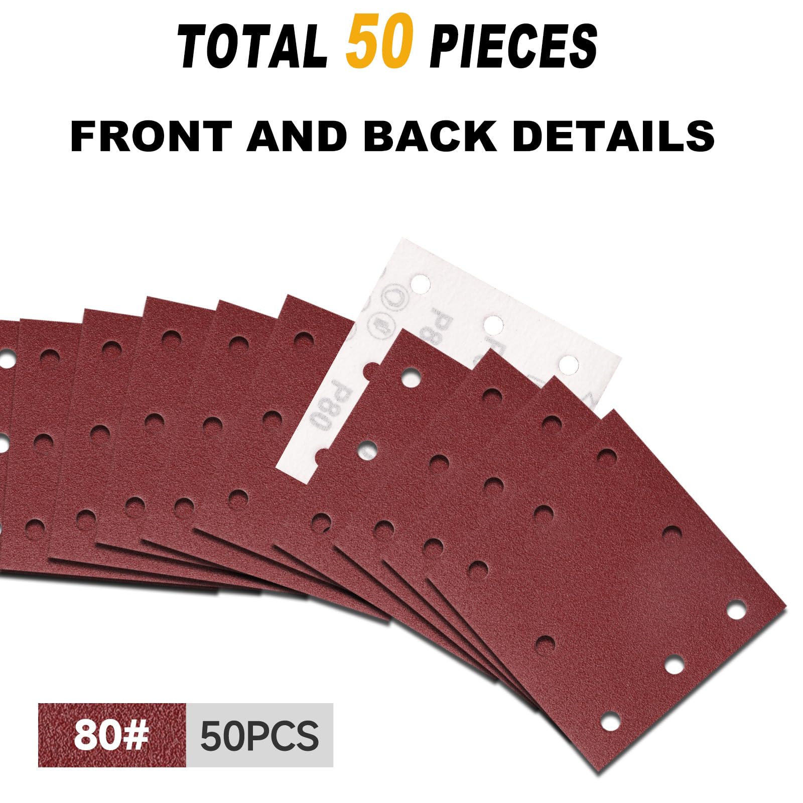 Sruhrak 50 Pezzi Carta Abrasiva Kit, 110x115mm Fogli Levigatrice 80 Grana 8 Fori Carta Vetrata Rettangolari per Levigatrice Orbitali Casuali