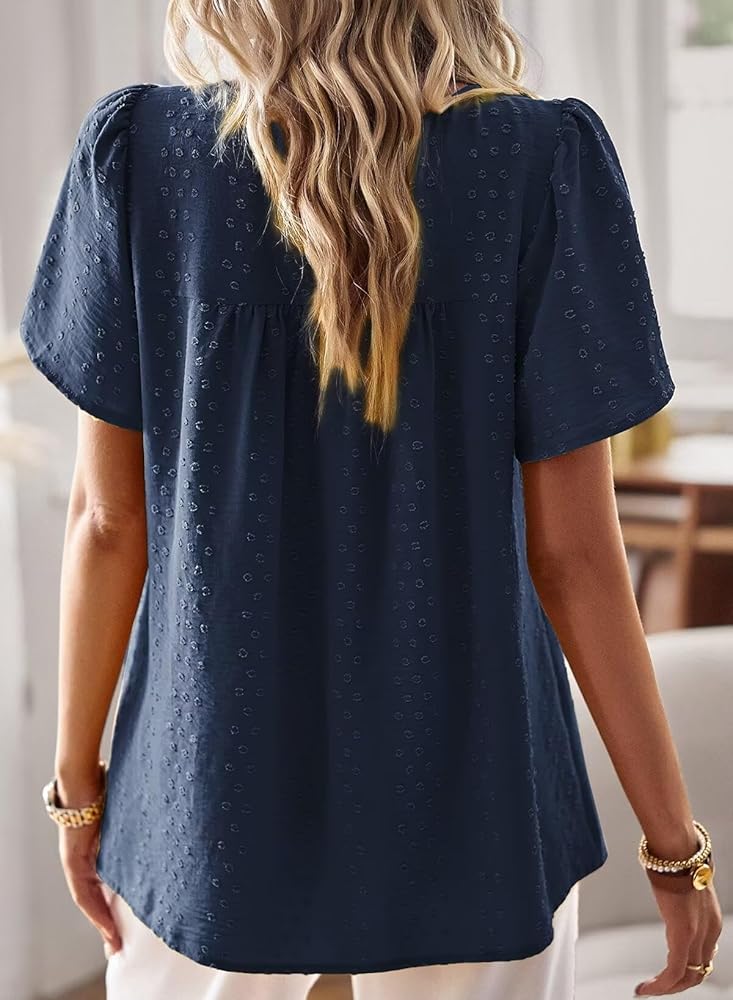 Falechay Business Casual Tops Crew Neck Smocked Short Sleeve