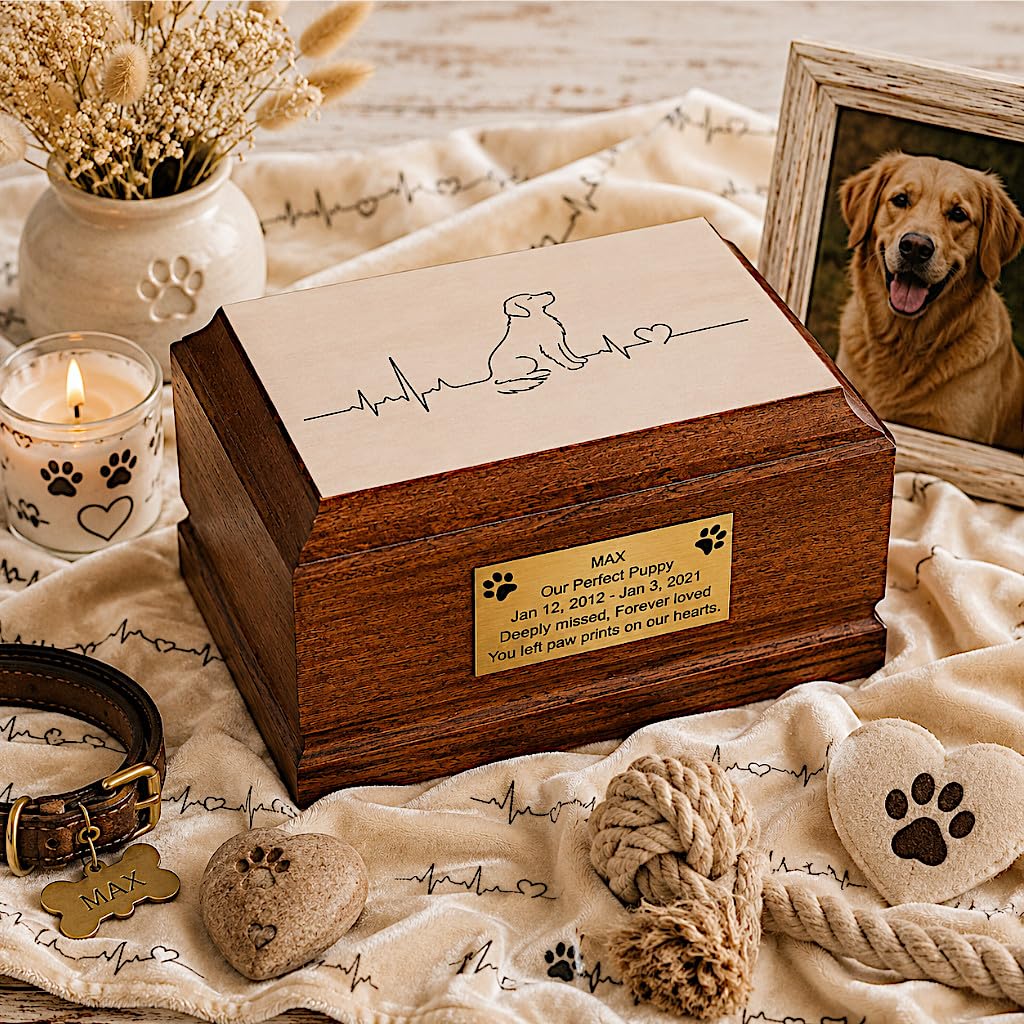 Dog Cremation Urn for Ashes – Wooden Pet Urn with Heartbeat Dog Design