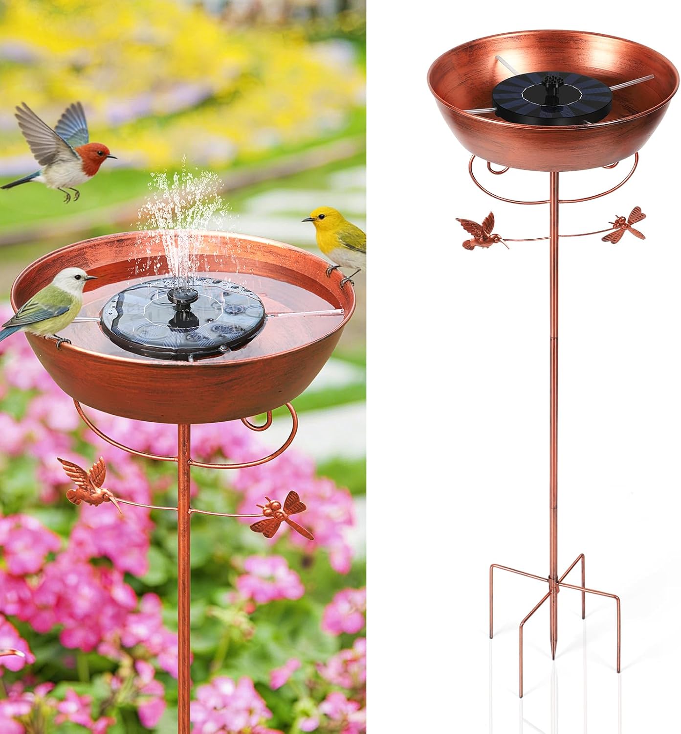 Metal Bird Bath for Outside Solar Powered Bird Bath Fountain, Freestanding Birdbath Feeder Bowl for Outdoor Garden Patio Yard Lawn Decor, Bronze, 41 in