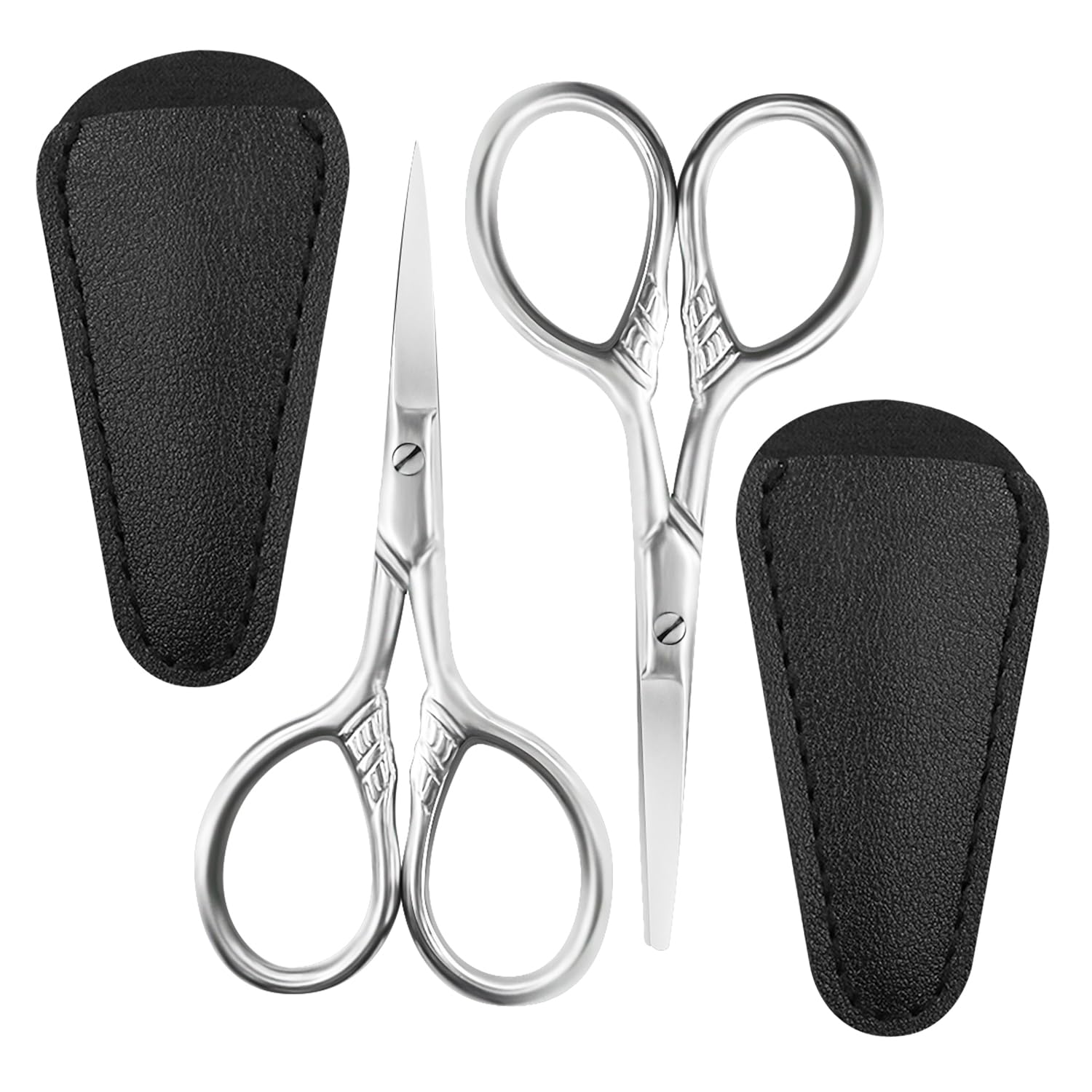 Lot de 2 paires de ciseaux à sourcils pour femme, 8,9 cm, tête ronde, ciseaux à poils pointus, adaptés pour les poils du visage, les sourcils, les cils, le nez, la barbe, étui en cuir synthétique