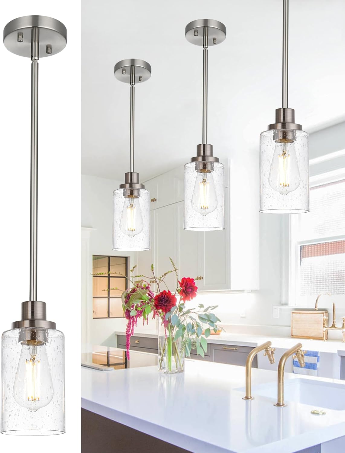 3-Pack Brushed Nickel Pendant Lighting, Seeded Glass Linear Chandelier Ceiling Light Fixtures for Kitchen Island Pool Table Dining Room, E26 Socket Brushed Nickel SEEDED GLASS