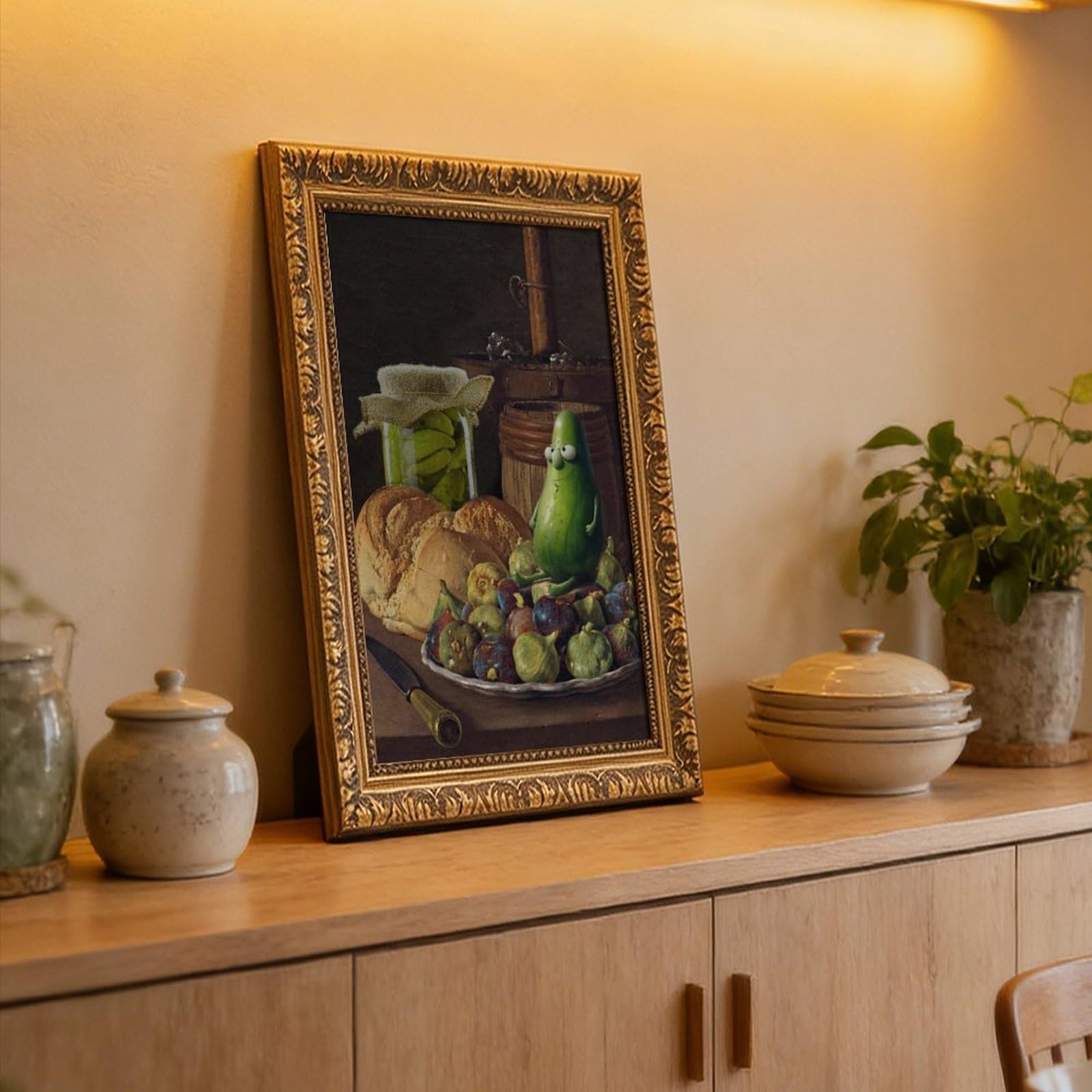 Ölgemälde "Eingelegte Gurken, verwandelt in Retro-Ölgemälde", einzigartige Küchendekoration, Leinwandposter, Wandkunst, Druck, Bild, Gemälde für Wohnzimmer, Schlafzimmer, Dekoration, 50,8 x 76,2 cm (L